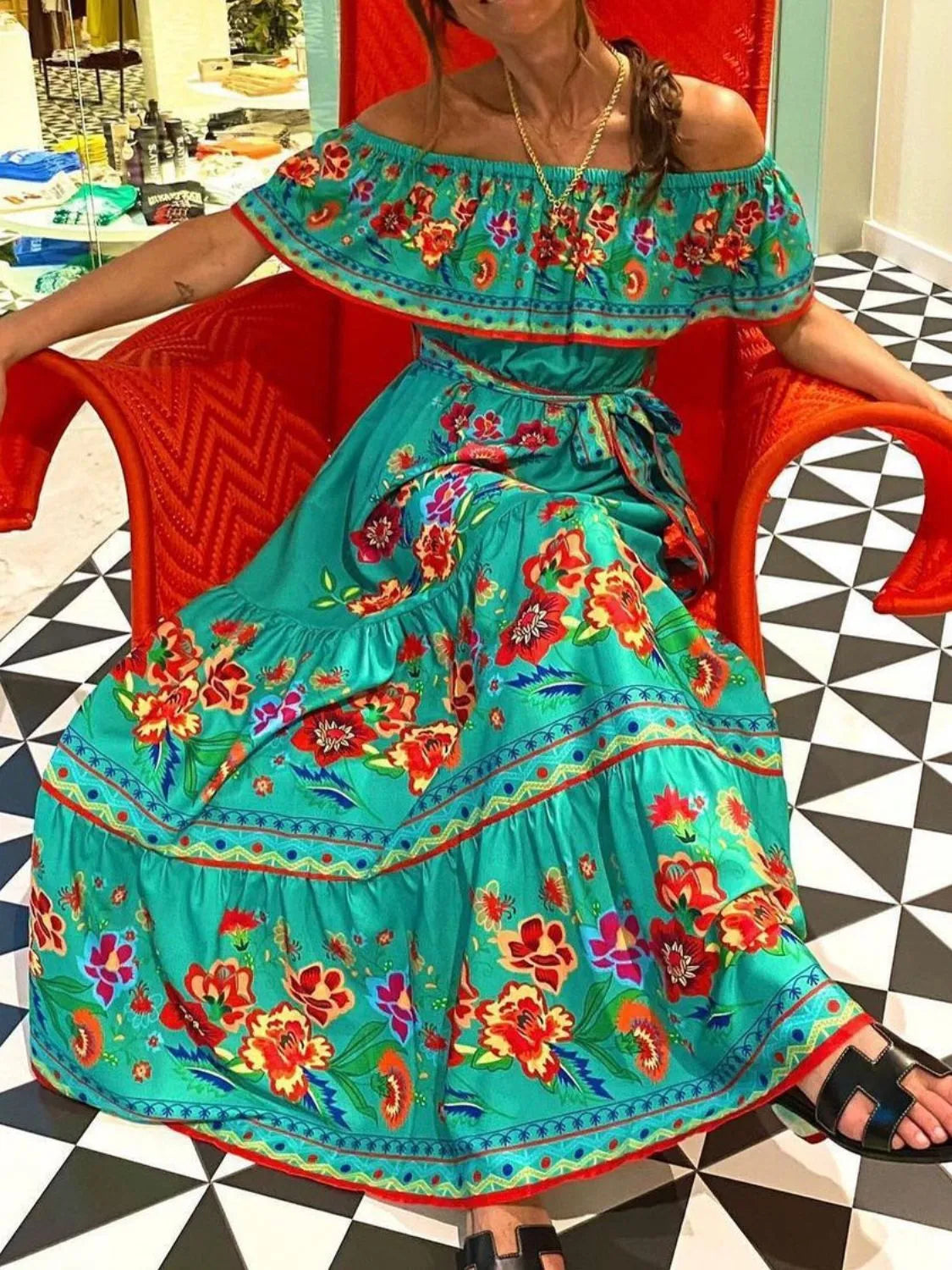 Floral Off Shoulder Ruffle Maxi Dress for Women - Summer Beach Vacation, Resort Wear & Boho Party Outfit