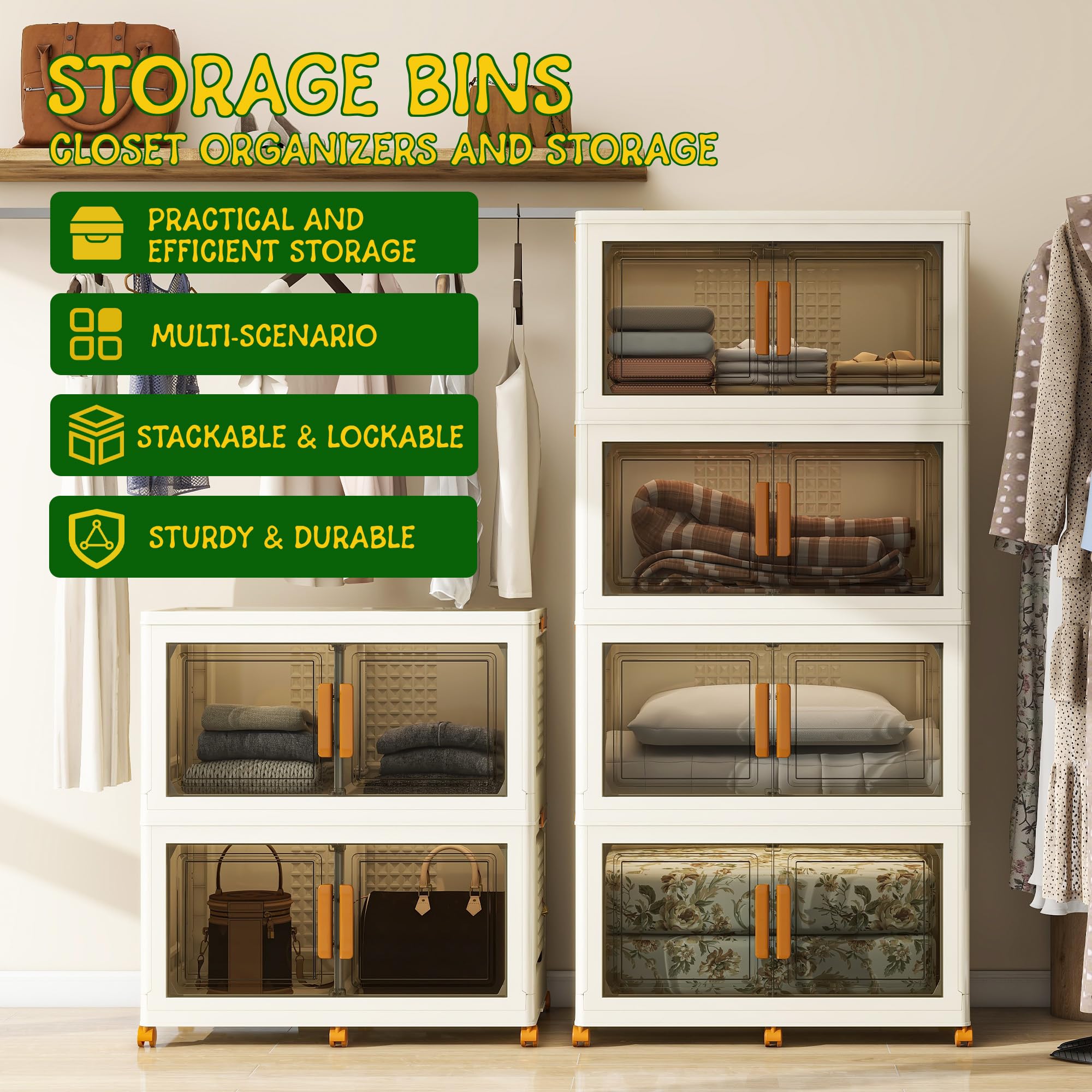 4-Tier Extra Large Stackable Storage Bins with Lids - 142 QT per Tier, Collapsible Plastic Storage Box with Wheels - Space-Saving Home Organization for Closet, Living Room, Office & Dorm - Perfect for Seasonal Clothes, Toys & Household Items Storage