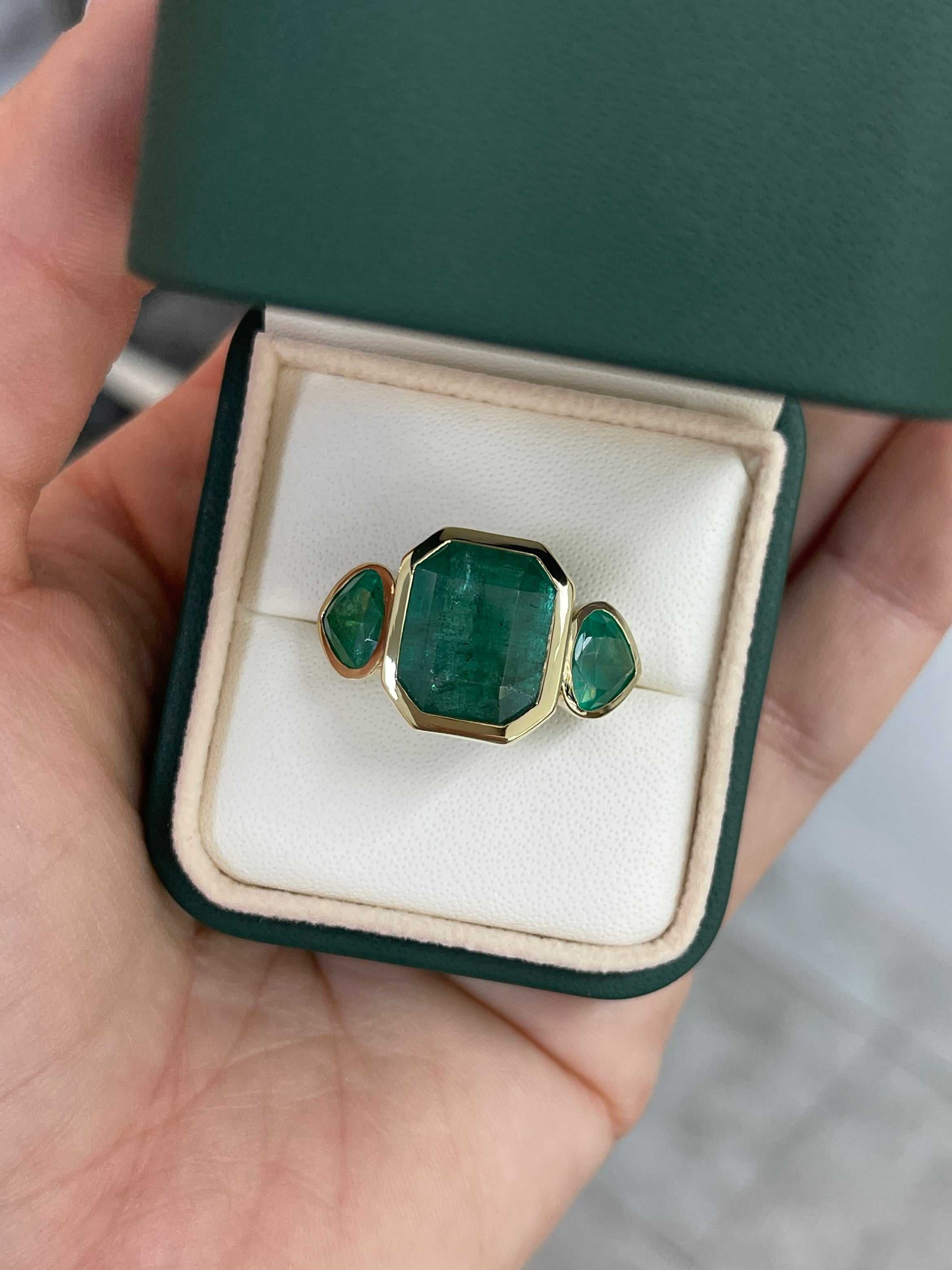 15.44tcw Three Stone Emerald Ring - 11.32 Carat Zambian Emerald with Pear Cut Accents in 18K Gold | Elegant Jewelry for Weddings, Anniversaries & Special Occasions