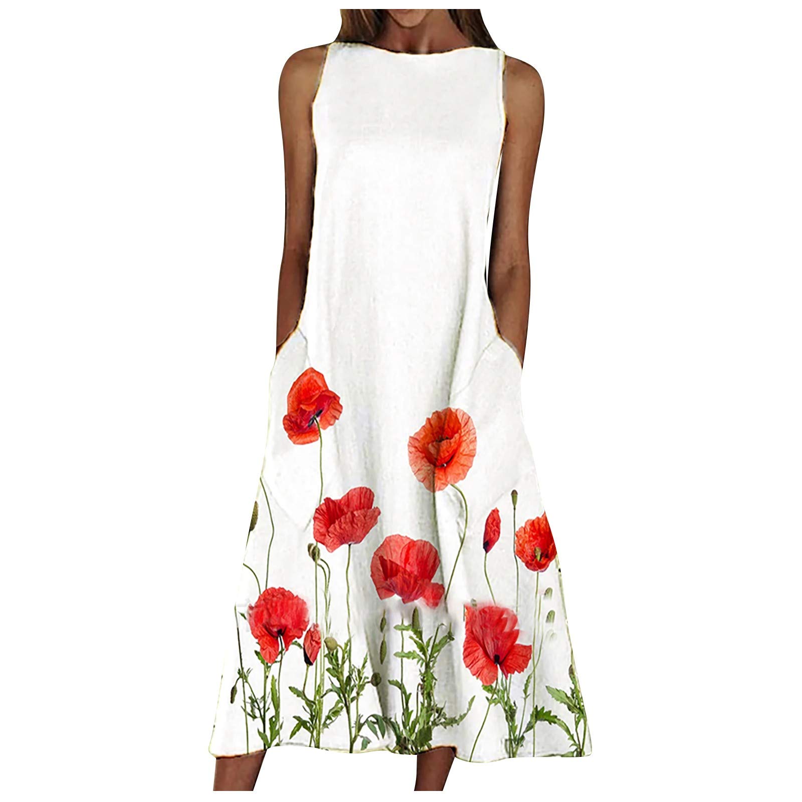 Floral Print Sleeveless Cocktail Dress with Pockets - Women's Summer Round Neck Scenic Dress for Parties, Weddings & Outdoor Events