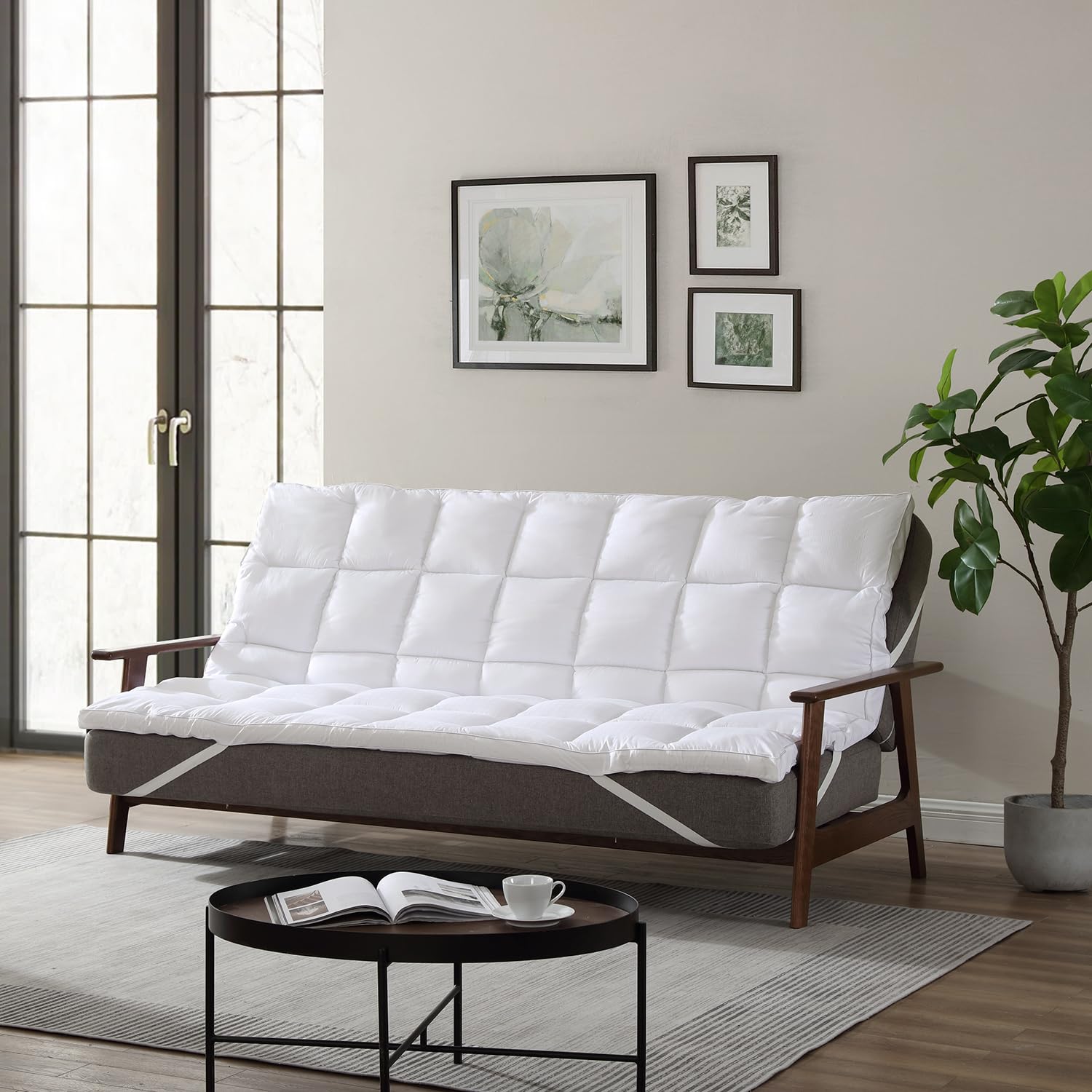 CirclesHome White Full Size Futon Mattress Topper with Anti-Slip Anchors - Plush Down Alternative Filling, Soft & Hypoallergenic Cover (54