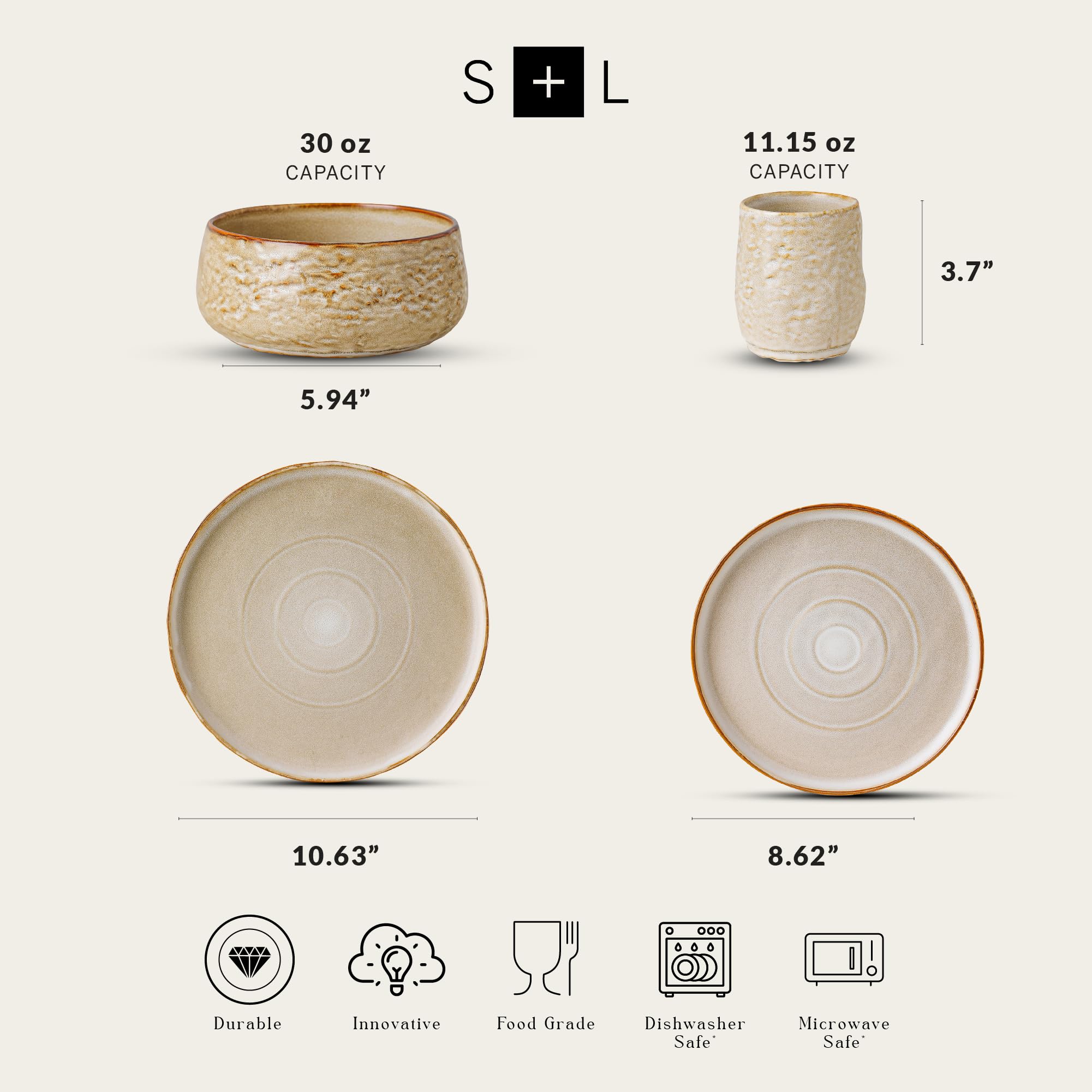 Mercer Project SHOSAI 16-Piece Stoneware Dinnerware Set - Modern Plates & Bowls for 4, Sand-Colored Durable Dishware | Perfect for Family Dinners, Entertaining Guests & Restaurant-Style Dining