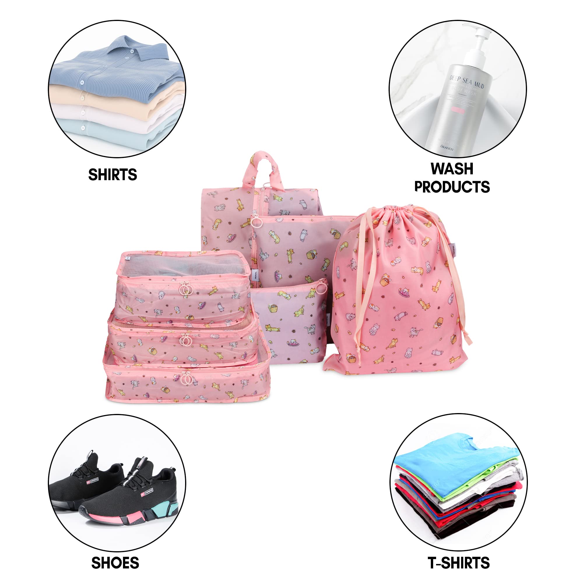 7-Piece Cube Storage Organizer Set - Foldable Travel Packing Bags for Clothes, Cosmetics, Underwear & Shoes - Space-Saving Luggage Organizer (Pink) | Perfect for Travel, Home Organization & Closet Storage