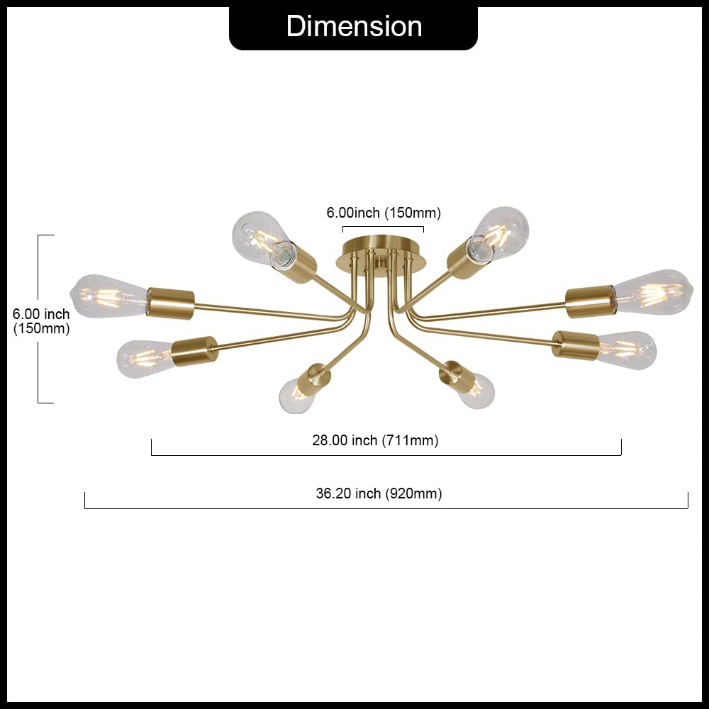 8-Light Sputnik Chandelier Brushed Brass Semi-Flush Mount Ceiling Light Fixture - Modern Industrial Kitchen Lighting for Dining Room, Living Room & Bedroom