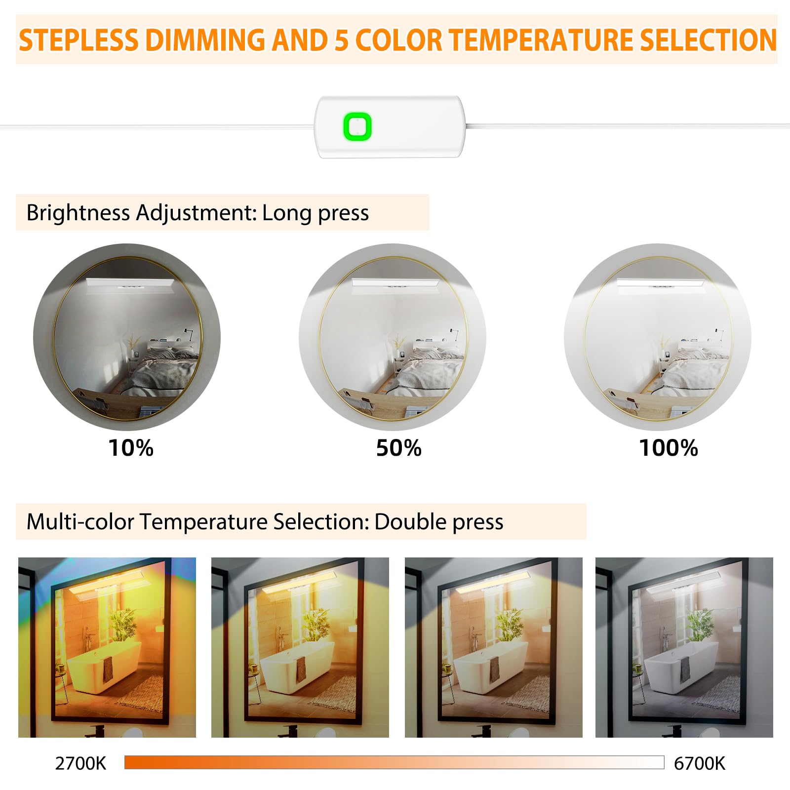 Adjustable LED Vanity Light Bar - Dimmable Makeup Mirror Light for Bathroom (2600K-6800K)