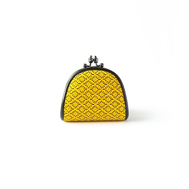Japanese Koshu Inden Deerskin Leather Coin Purse with Urushi Lacquer Clasp - Chrysanthemum Crest Pattern in Yellow | Handmade in Japan | Traditional Gamaguchi Change Purse for Everyday Use, Gift Giving & Collectors