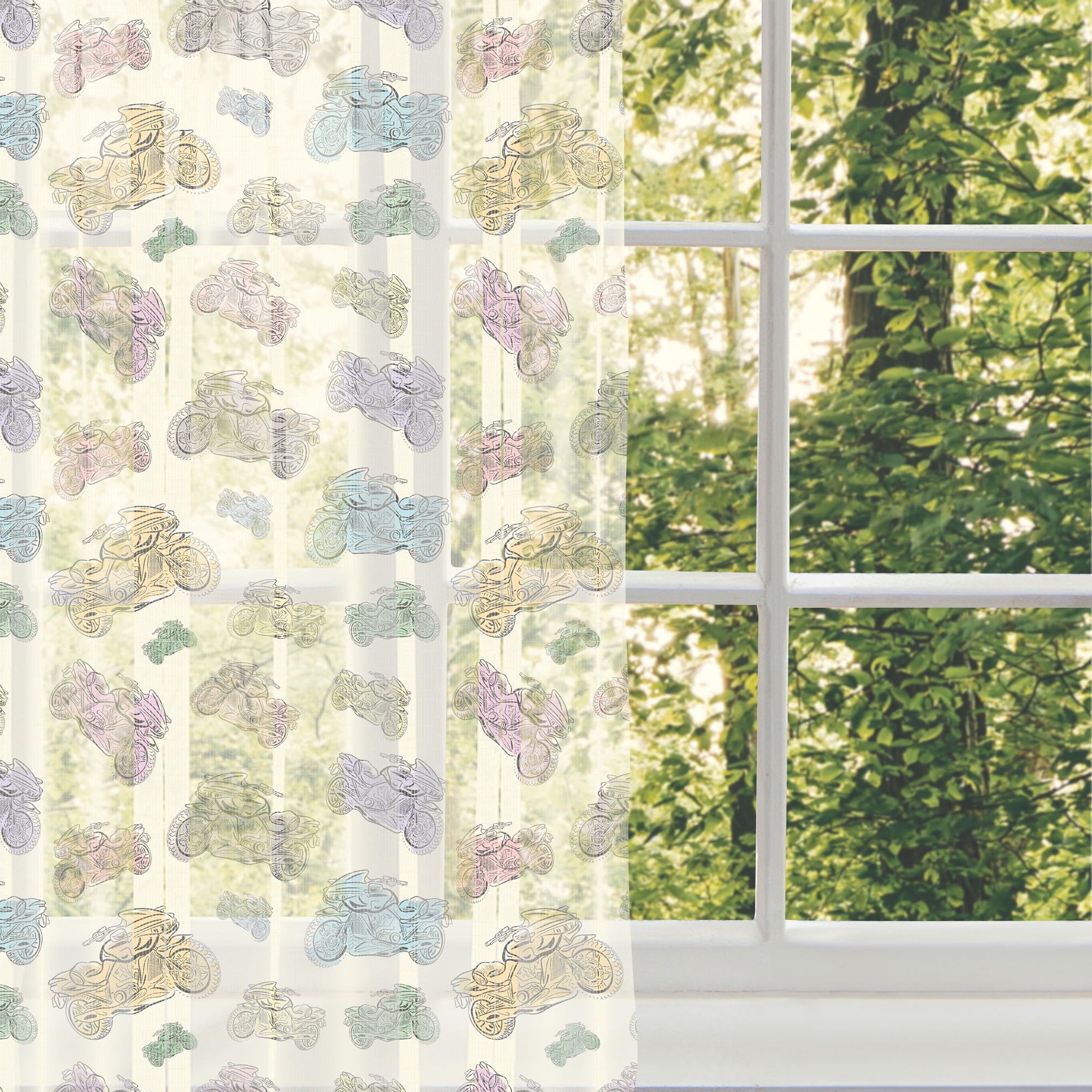 Ambesonne Motorcycle Tulle Curtains - Pastel Racing Bike Design, Cartoon Style Sheer Drapes with Rod Pocket, 108