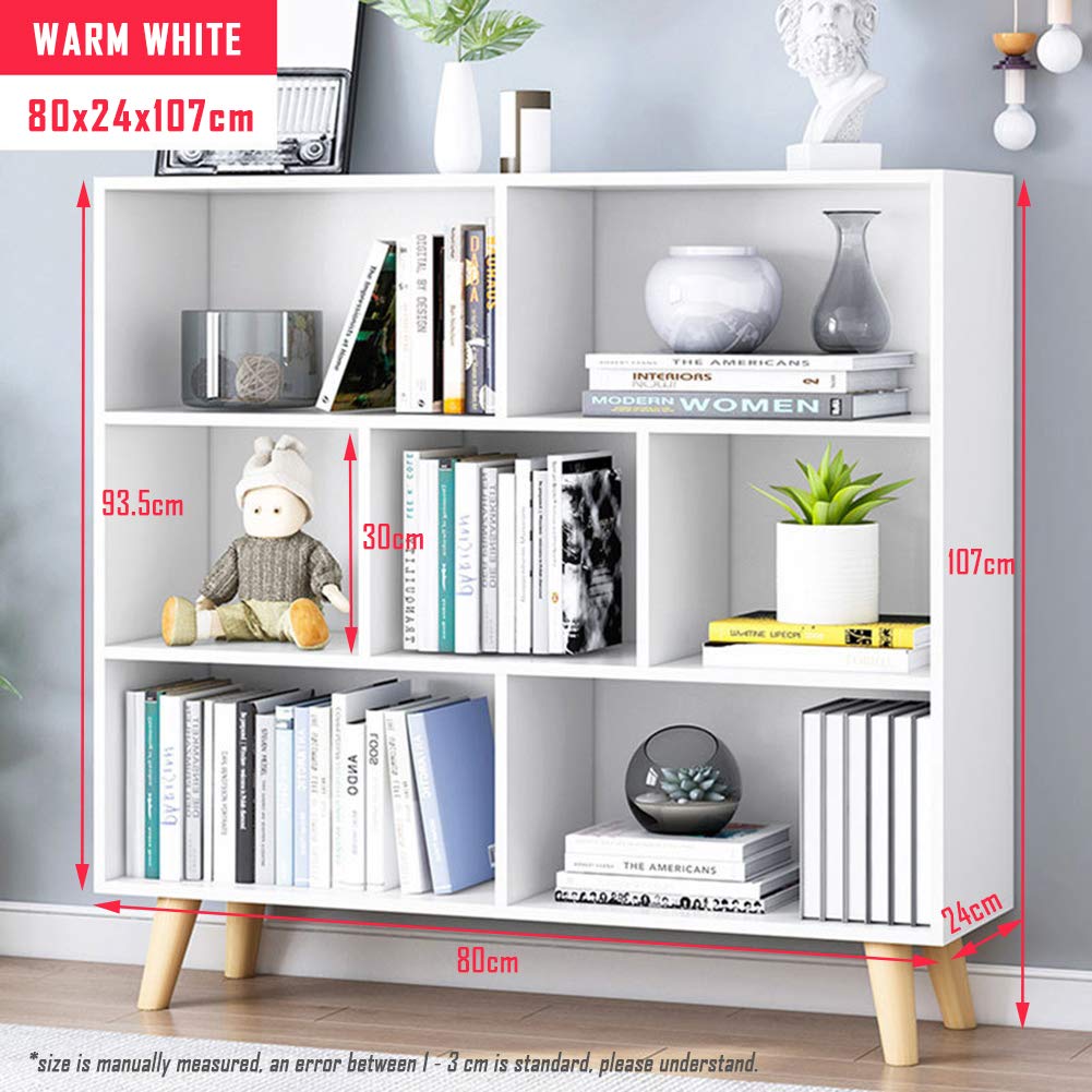 IOTXY 3-Tier Wooden Open Shelf Bookcase - Free Standing Floor Display Cabinet with 7 Cubes & Legs, Warm White - Perfect for Living Room, Bedroom, Office & Home Decor Storage