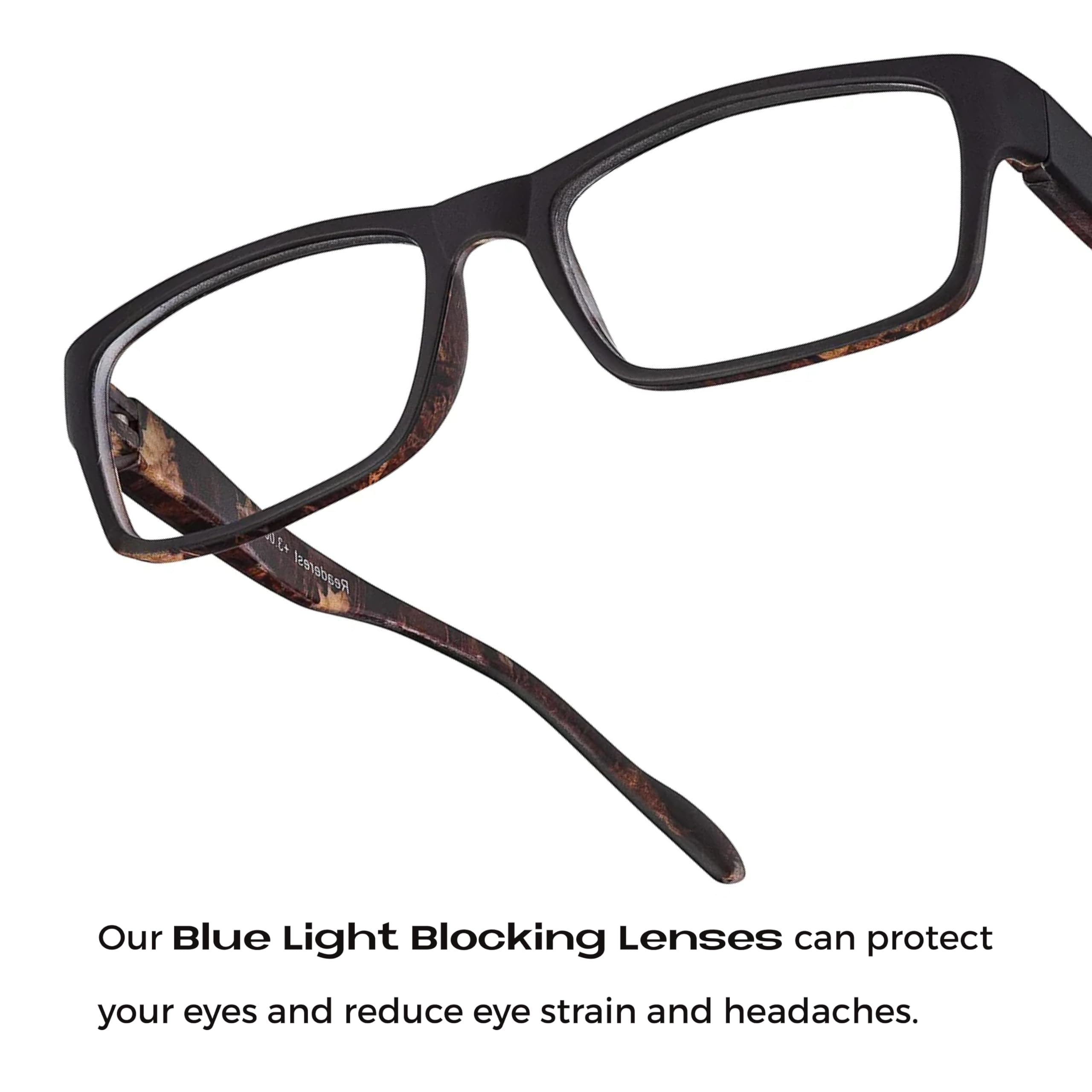 Readerest Blue Light Blocking Glasses for Computer & Reading - Anti Glare, UV Protection, Eye Strain Relief - Thin Reflective Lens (Black/Camo, 0.00 Magnification) - Stylish Unisex Eyewear for Office, Gaming & Digital Screen Use