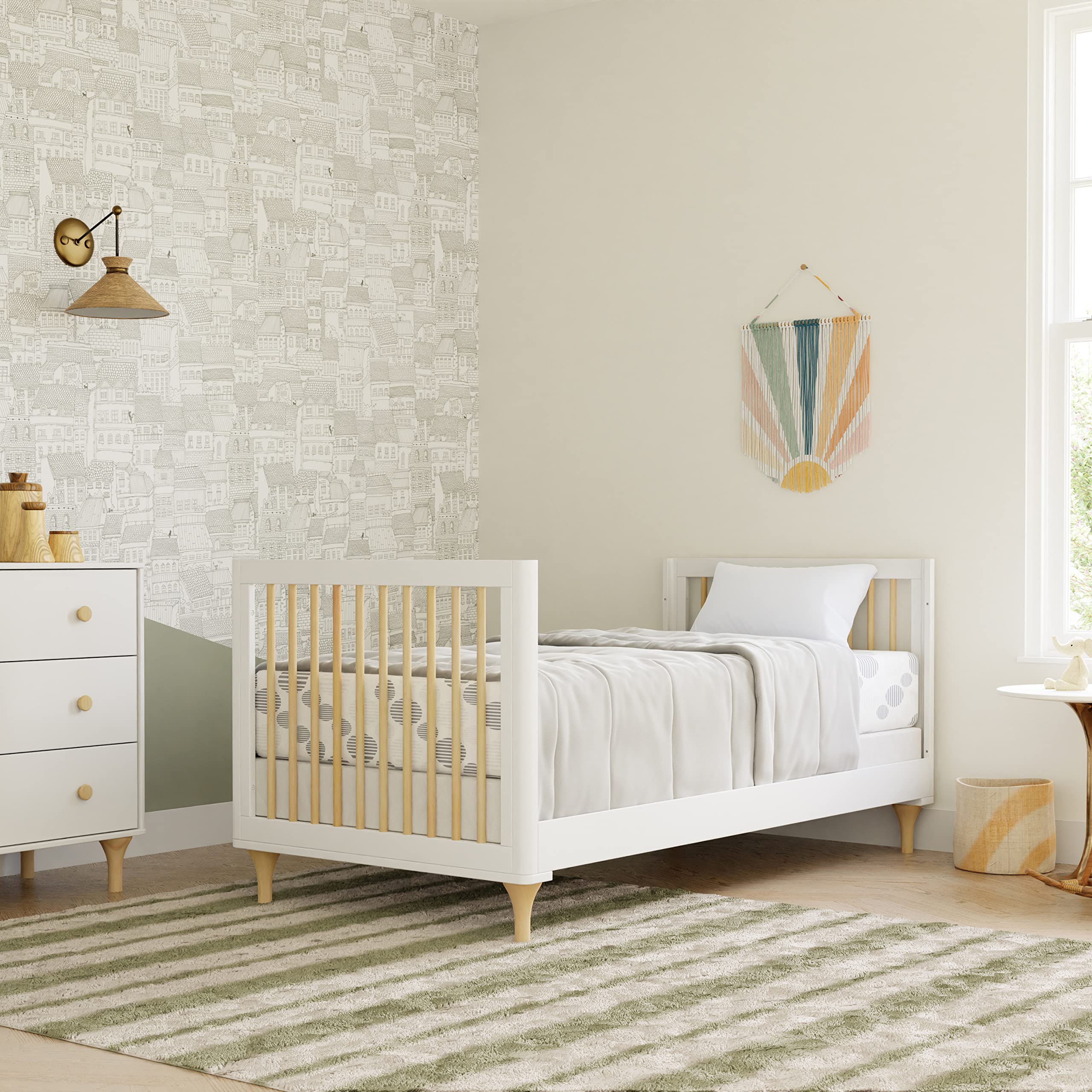 Babyletto Lolly 4-in-1 Convertible Mini Crib to Twin Bed with Toddler Conversion Kit - White & Natural - Greenguard Gold Certified - Perfect for Nursery, Small Spaces & Growing Toddlers