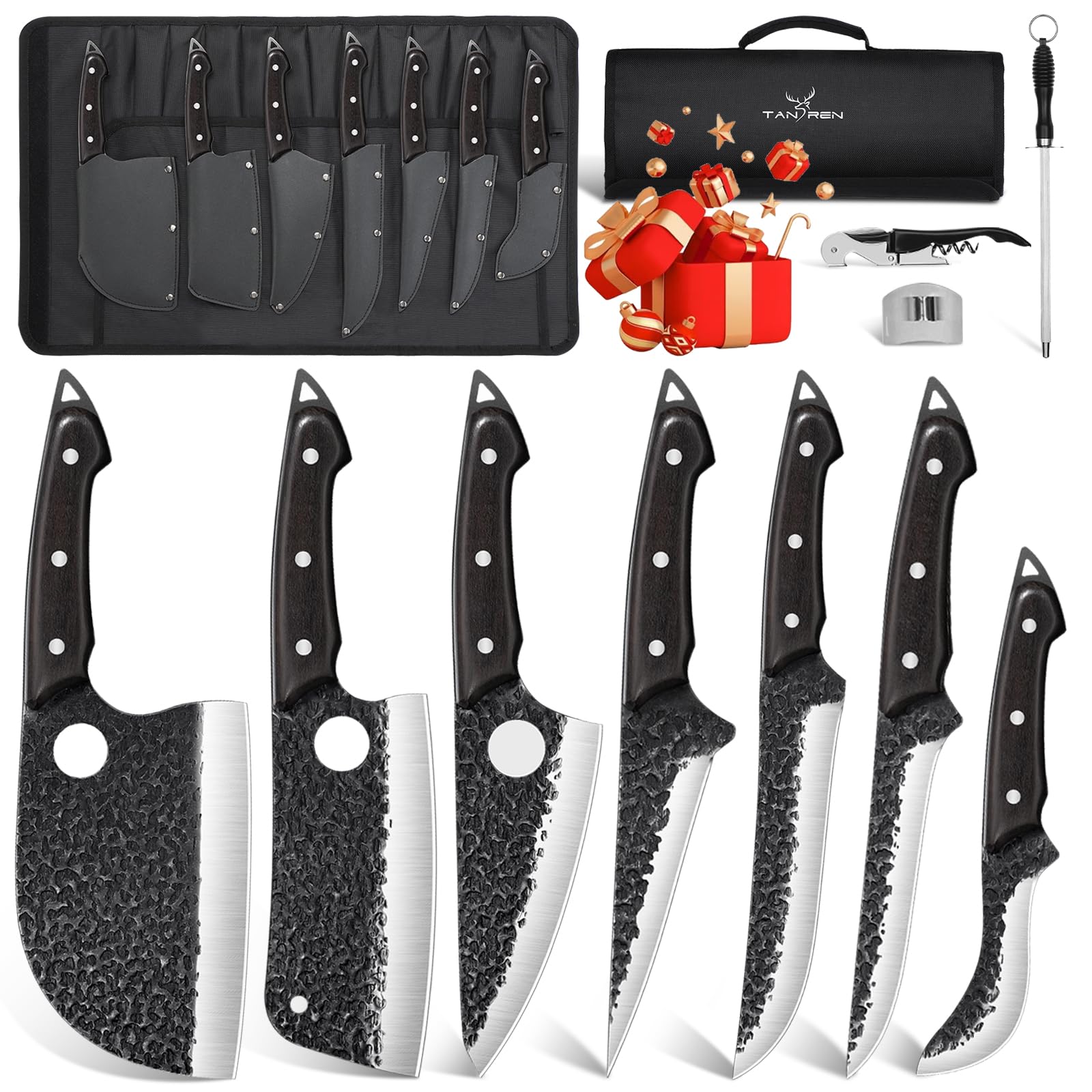 18PCS Professional Serbian Chef Knife Set - Hand Forged Viking Kitchen Knives, Butcher & Boning Knives for Meat Cutting & Trimming with Storage Bag | Perfect for Home Chefs, BBQ & Father's Day Gifts