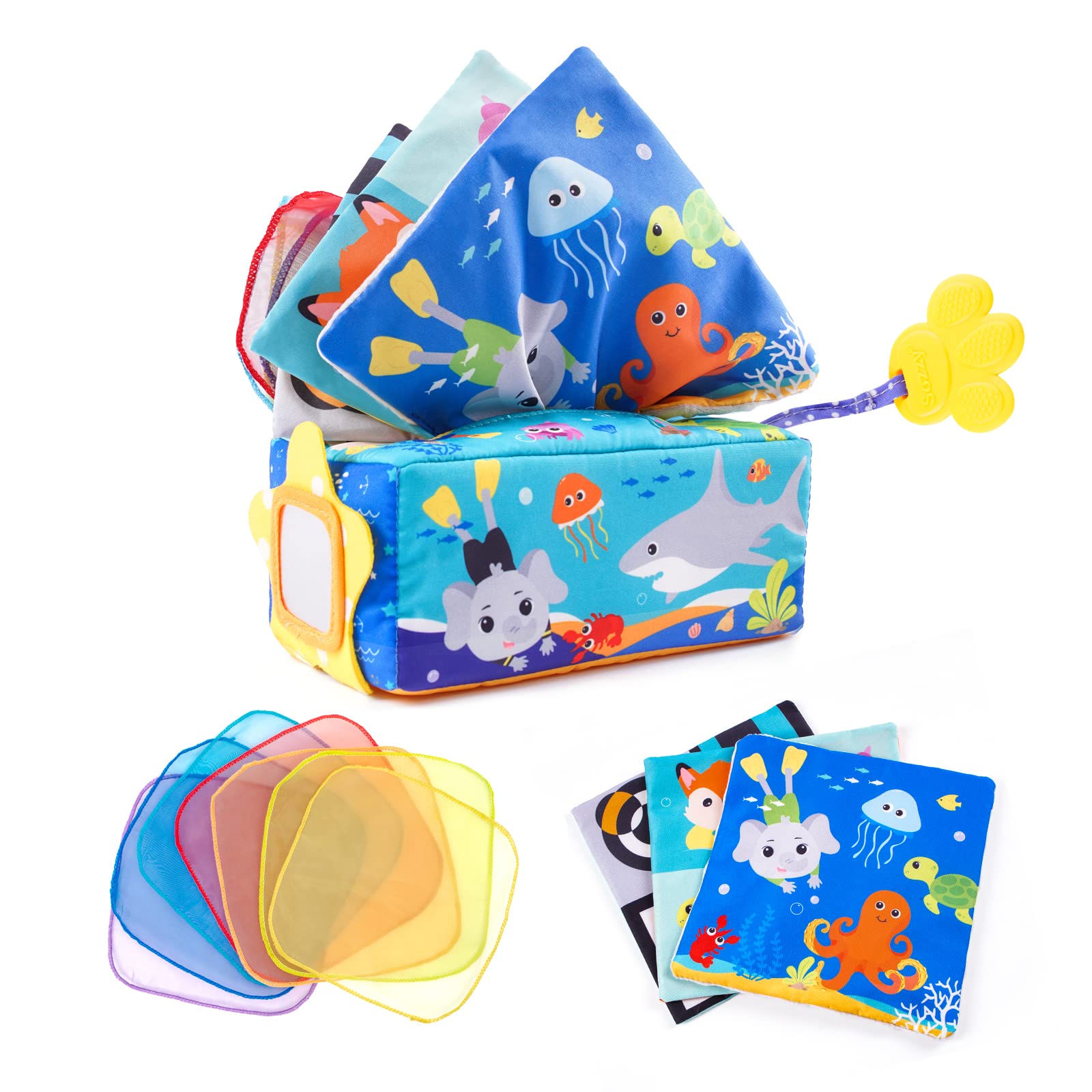 Montessori Baby Tissue Box Toy - Sensory Learning Toy for Babies 6-12 Months | Soft Stuffed High Contrast Crinkle Paper & Silk Scarves | Early Developmental Gift for Boys & Girls | Perfect for Tummy Time & Sensory Play