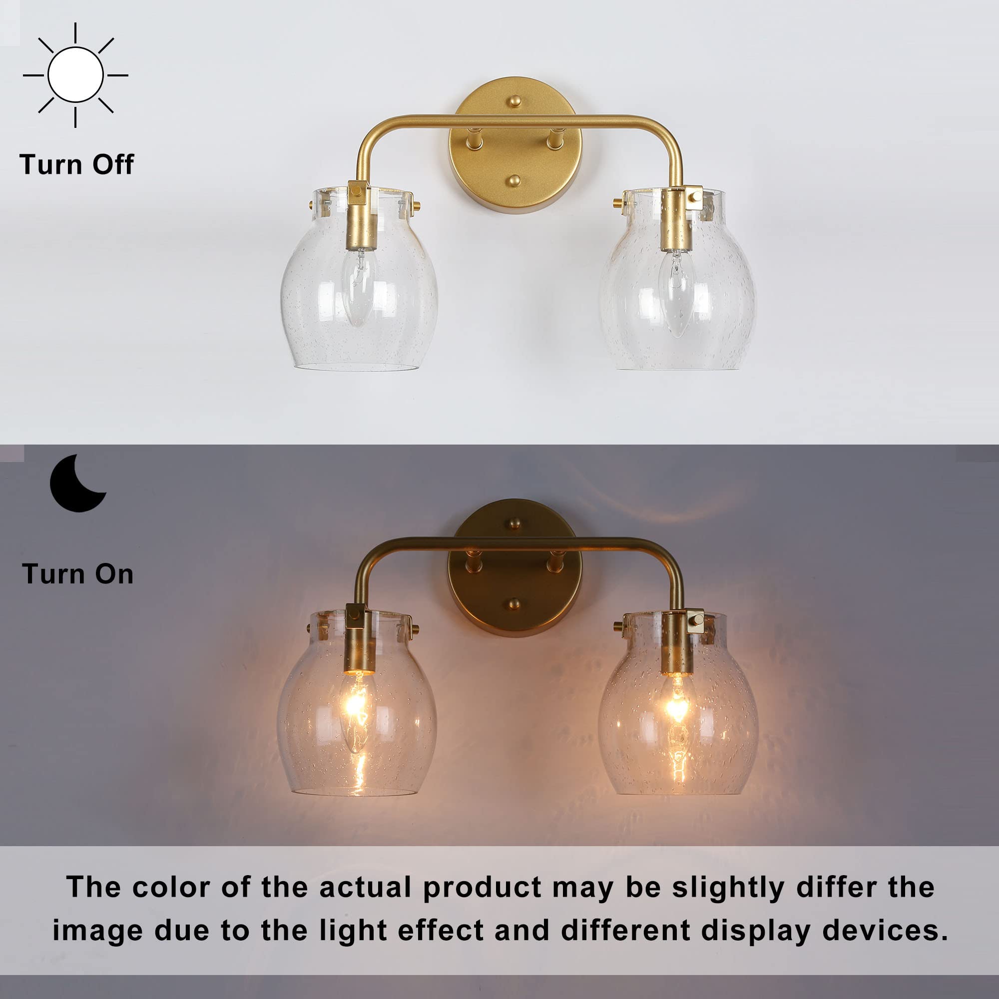 Durent Lighting Gold Vanity Lights - Modern Seeded Glass Bathroom Light Fixtures for Mirror (2 Light) - Perfect for Bathroom Vanity, Dressing Room & Makeup Area Lighting