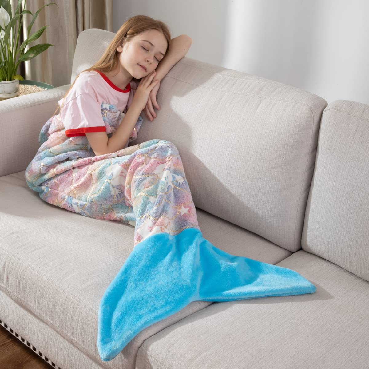 Glow in The Dark Mermaid Tail Blanket - Super Soft Unicorn Luminous Tie Dye Blanket for Toddler Girls, Kids Birthday Christmas Halloween Gift - Perfect for Sleepovers, Movie Nights & Fantasy Play