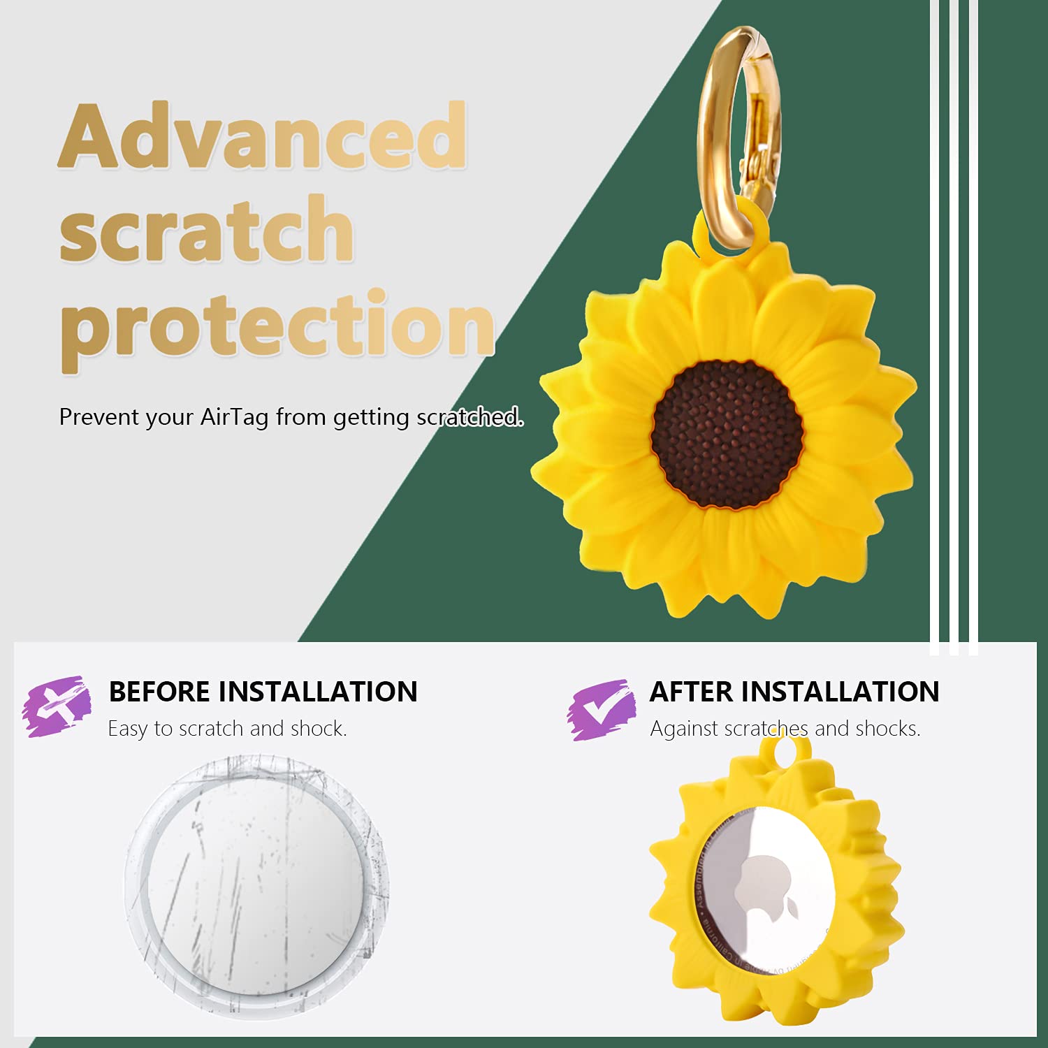Premium Silicone AirTag Case Keychain Holder - Compatible with Apple AirTag, Secure Protective Cover with Key Ring (Sunflower Design) for Keys, Bags & Travel Accessories