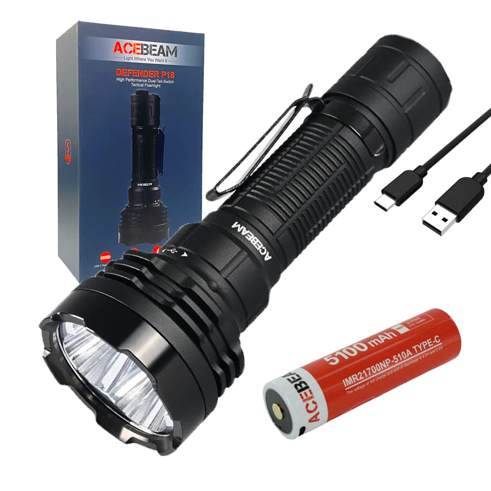 ACEBEAM Defender P18 5000 Lumens Rechargeable Flashlight with Dual Switch & USB-C Charging - High Power Tactical Flashlight for Camping, Hiking, Emergency & Outdoor Adventures