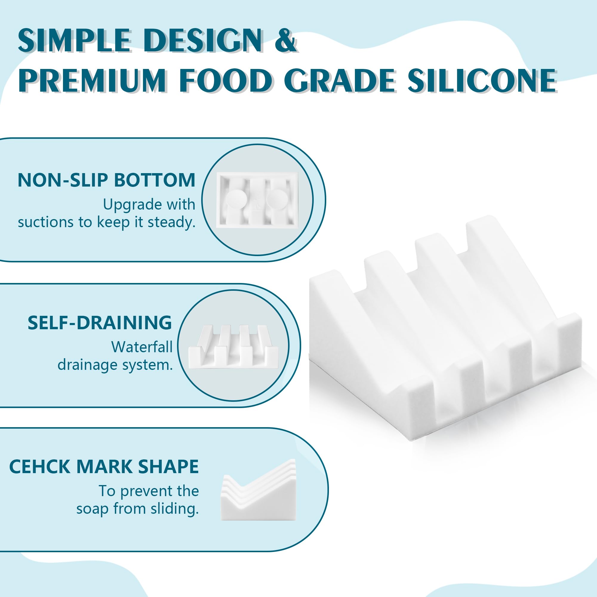 Upgraded Silicone Soap Dish with Drainage - Shower Bar Soap Holder for Bathroom Organization (White)