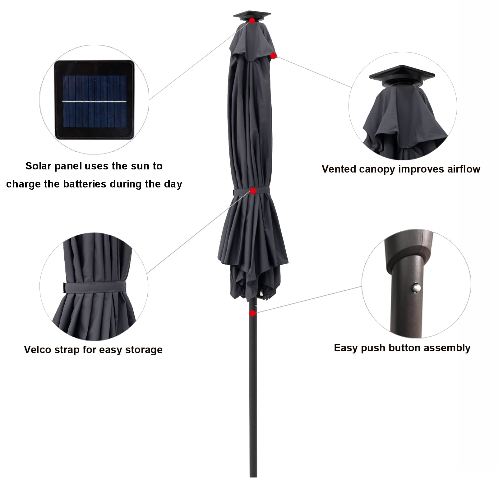 C-Hopetree 7.5 ft Solar LED Patio Umbrella with Tilt Function - Waterproof Outdoor Market Umbrella for Garden, Poolside, and Backyard Relaxation
