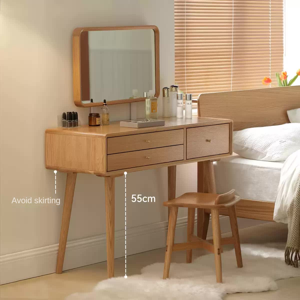Stylish Oak Solid Wood Modern Dressing Table with Large Mirror - Perfect for Bedroom Vanity, Makeup Station & Home Decor
