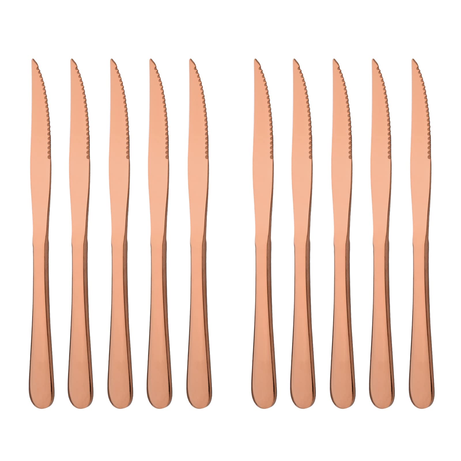 Premium Rose Gold Steak Knives Set of 10 - Mirror Polished Stainless Steel Kitchen Cutlery with Straight & Serrated Edges - Dishwasher Safe Dinner Knives for Steak, Dessert & Fine Dining