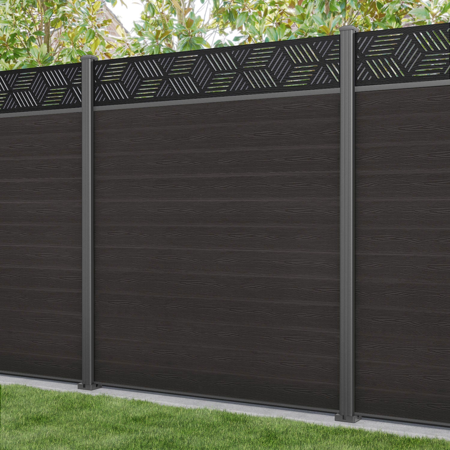 Dark Oak Classic Cubed Fence Panel with Aluminum Posts - Durable Privacy Fencing for Backyard, Garden, and Patio