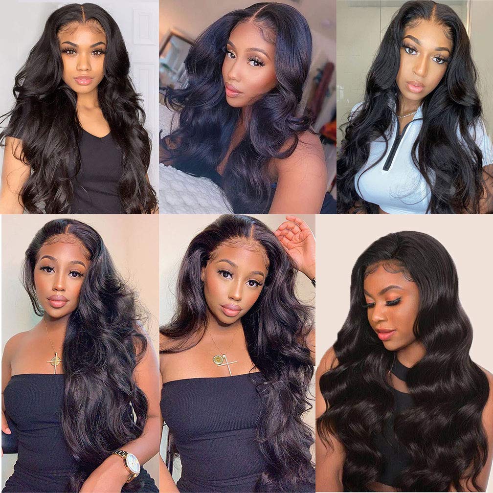 Jet Black Brazilian Human Hair Wig - T Part Lace Front Wig with Pre Plucked Hairline & Baby Hair, Body Wave 22