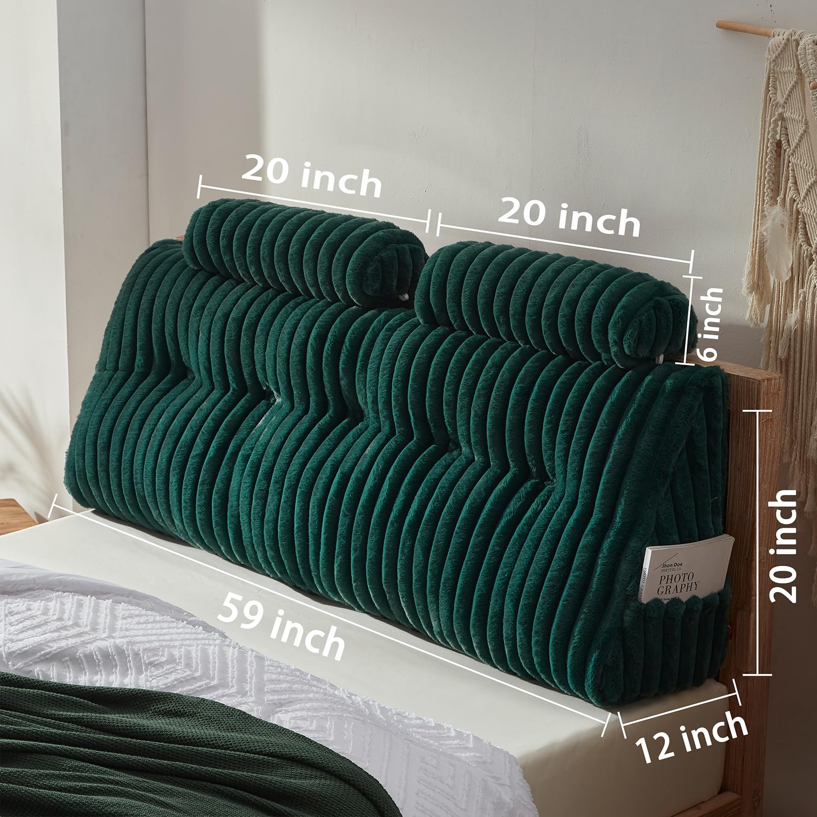 Faux Fur Headboard Pillow with 2 Neck Roll Pillows - Queen Size Soft Supportive Bed Backrest with Removable Cover (Green) for Bedroom Decor, Reading in Bed & Cozy Relaxation
