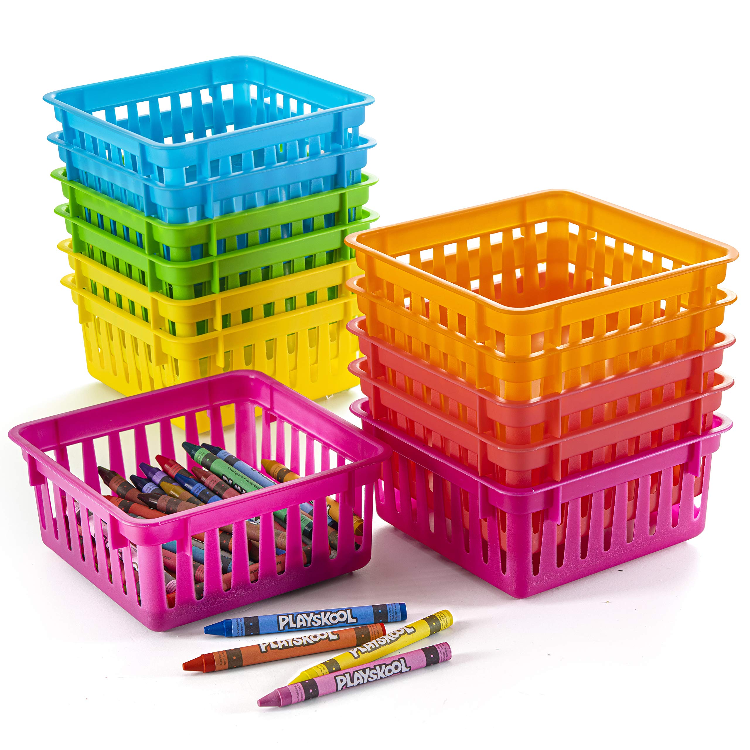 PREXTEX Classroom Storage Baskets - 12 Pack Colorful Crayon & Pencil Organizers - Desk & Shelf Storage Containers for School, Office, Home - Perfect for Art Supplies, Toys & Stationery Organization