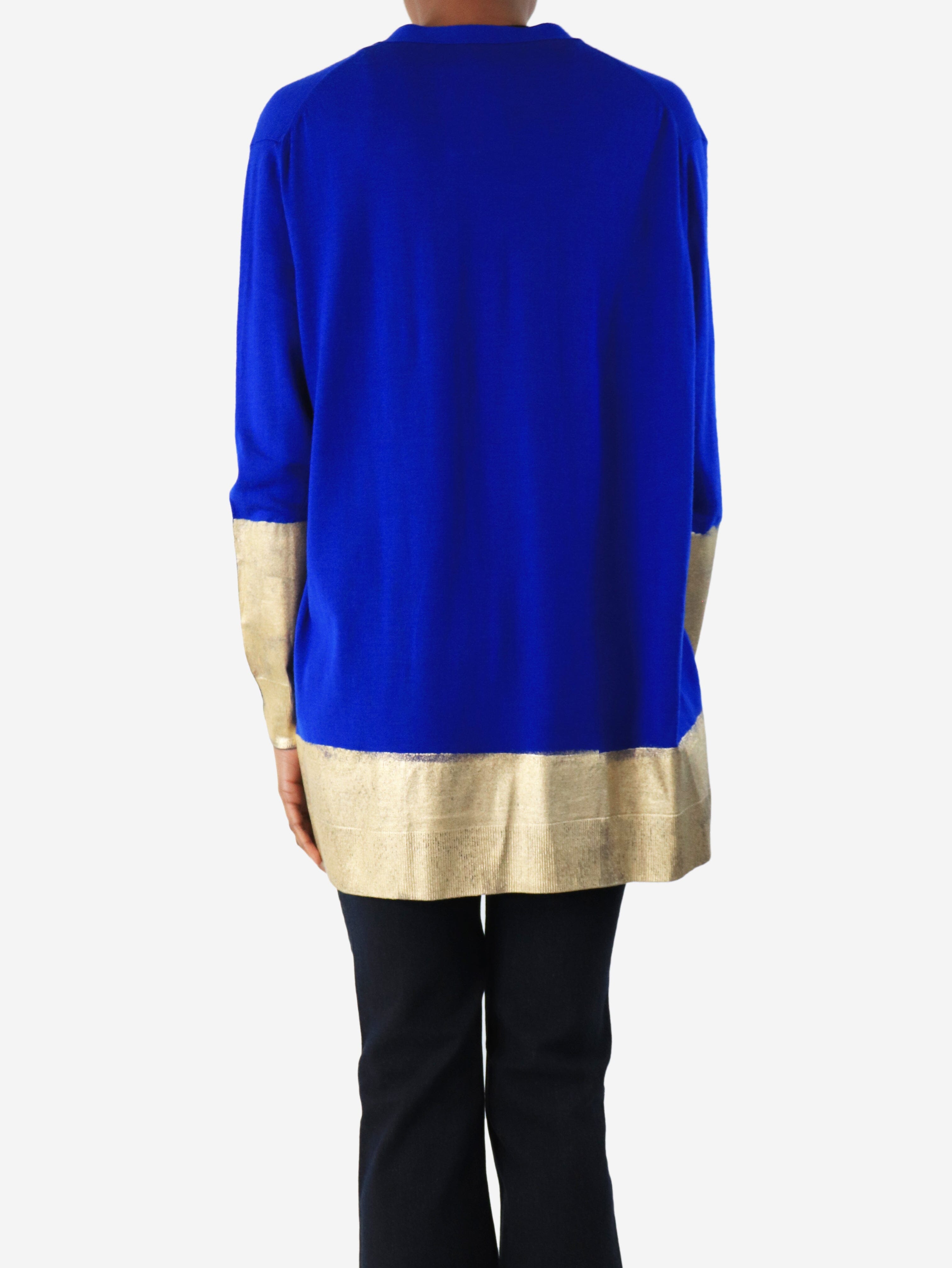 Blue and Gold Hem Detail Cardigan for Women - Size XS | Cozy Knit Sweater for Casual Wear & Layering