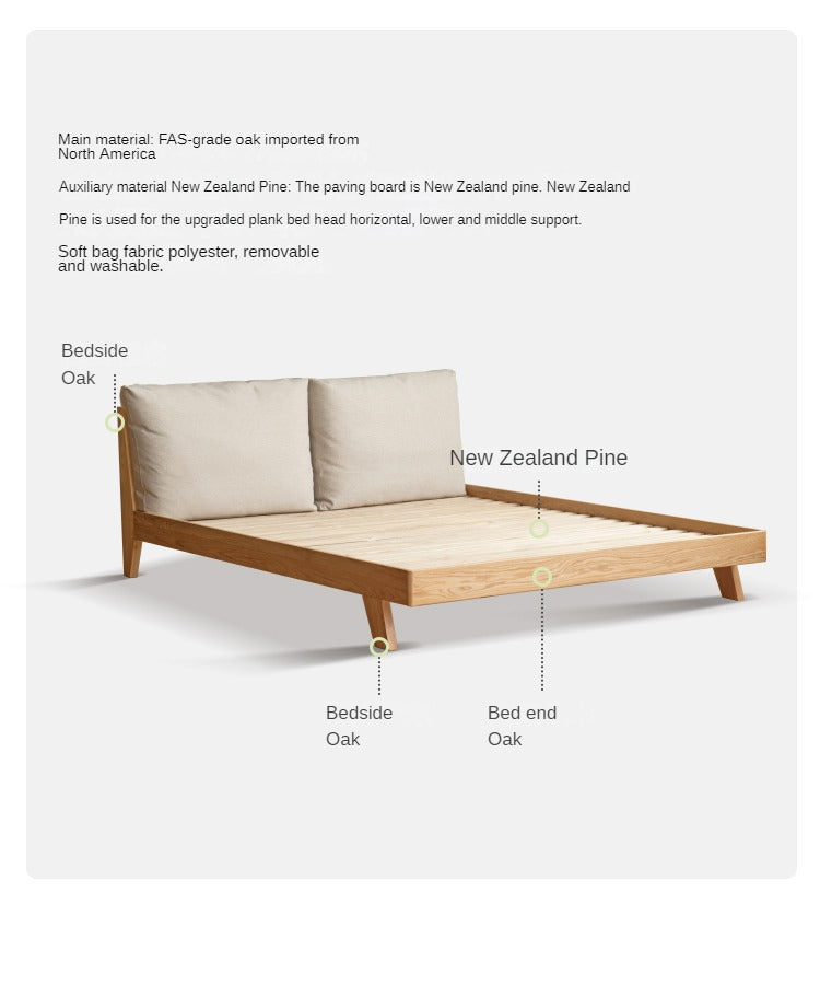 Solid Oak Wood Soft Bed Frame - Queen Size, Sturdy & Comfortable for Master Bedroom or Guest Room