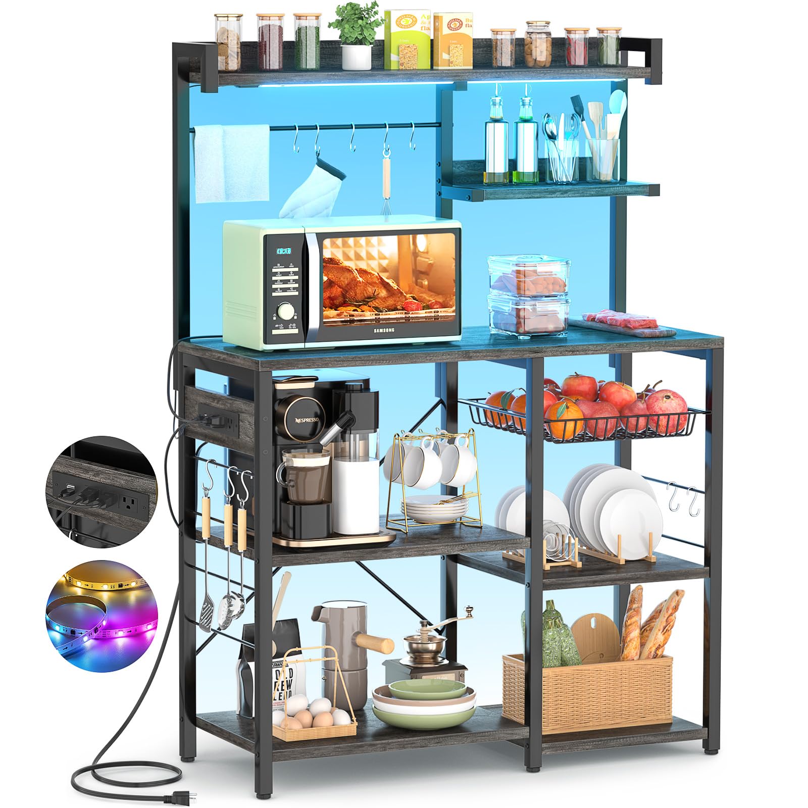 Aheaplus 3-Tier Bakers Rack with Power Outlet & LED Lights - Kitchen Storage Shelf with Microwave Stand, Wire Baskets & 10 Hooks for Spices, Pots - Coffee Bar Station Island Table in Black Oak - Perfect for Small Kitchens, Pantry Organization & Coffee Station Setup