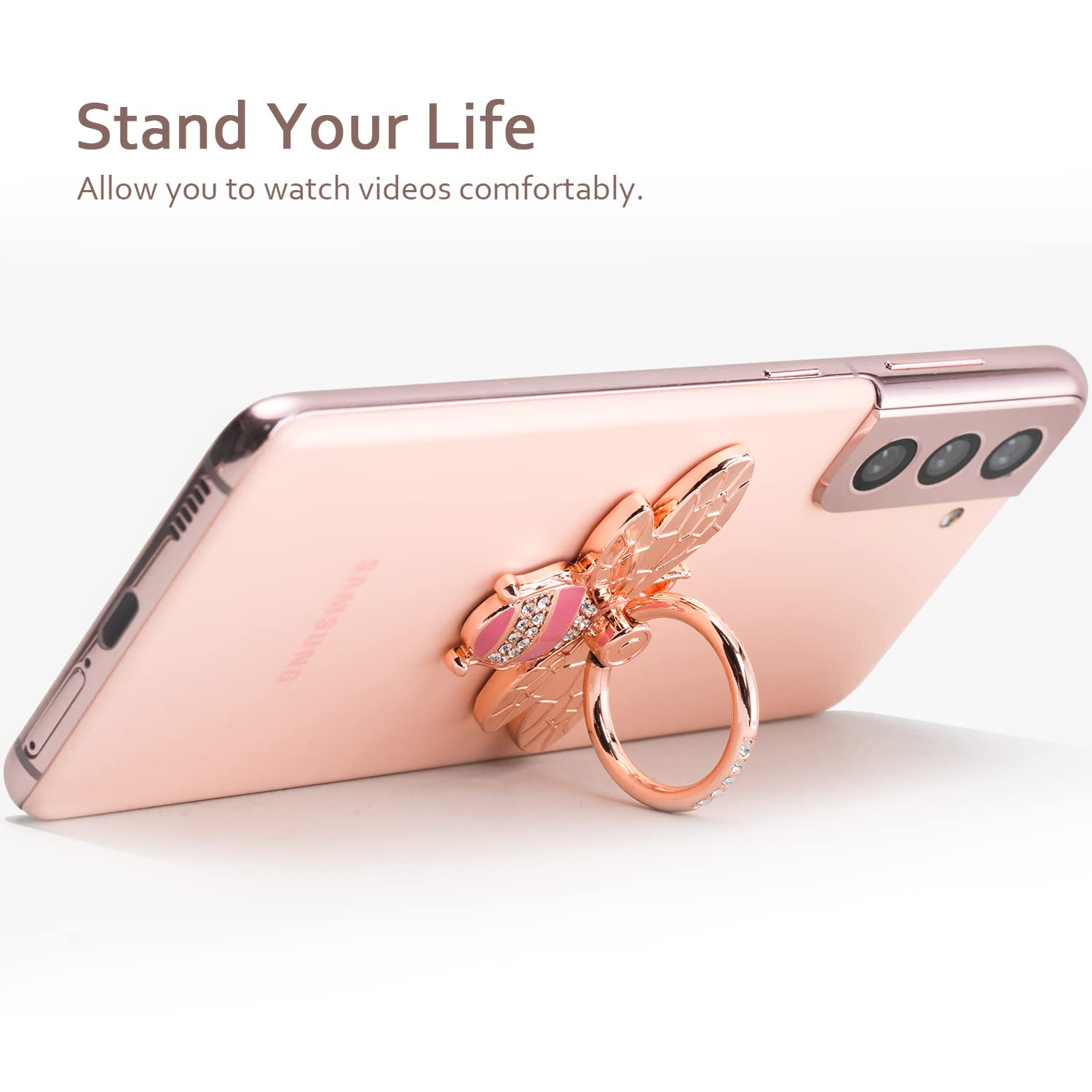 Allengel Cute Bee Phone Ring Grip Holder - Bling Phone Ring Stand for iPhone & Android, Rose Gold - Perfect for Selfies, Videos & Secure Grip While Shopping or Traveling