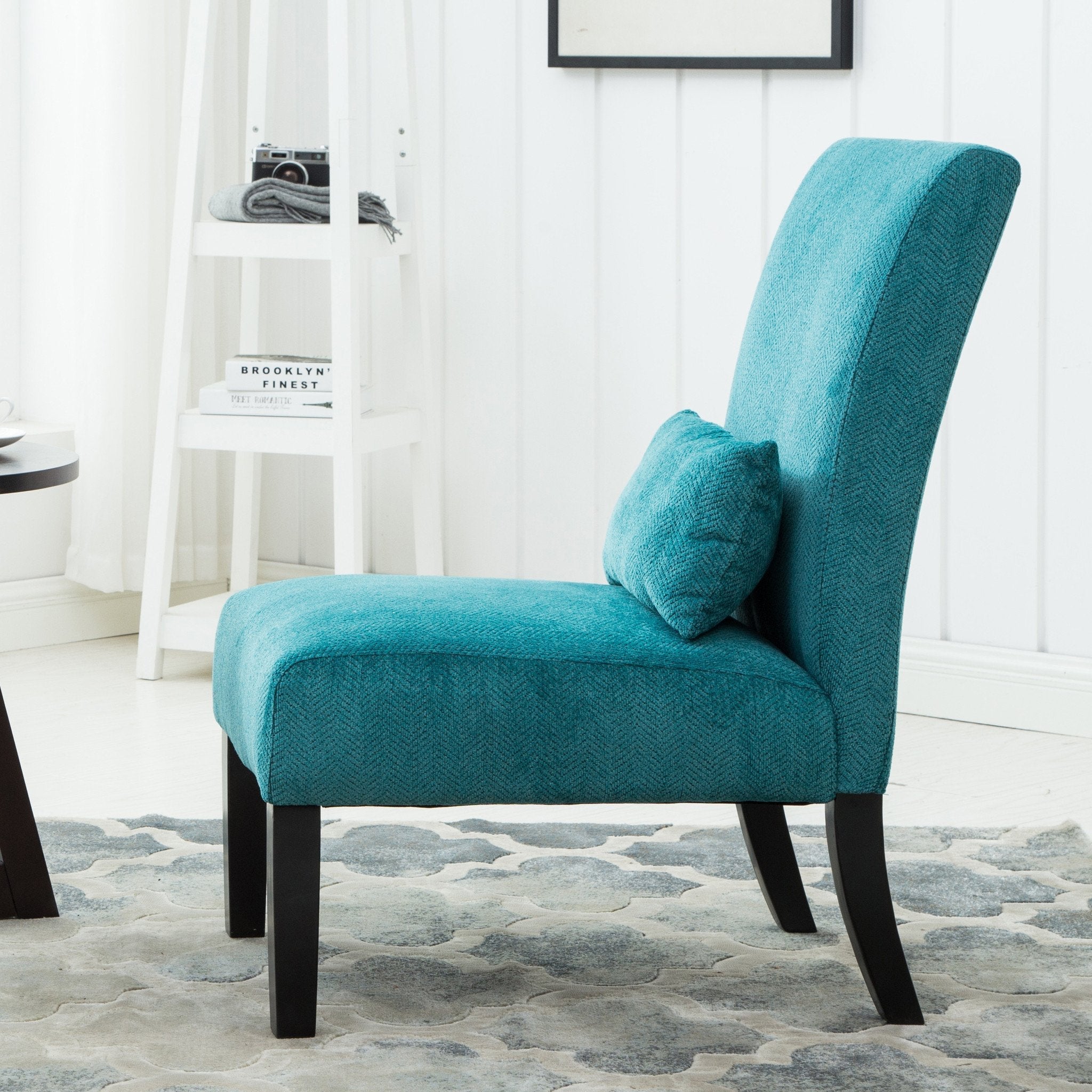 Roundhill Furniture Pisano Chenille Fabric Armless Contemporary Accent Chair with Matching Kidney Pillow in Teal Blue - Perfect for Living Room, Bedroom, or Office Decor