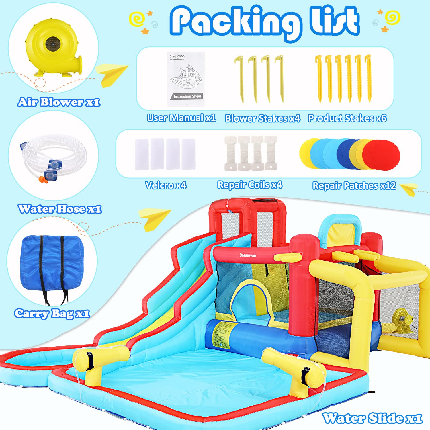 **AKEYDIY 10-in-1 Inflatable Bounce House with Waterslide for Kids - Outdoor Water Park with Blower, Water Cannons, Basketball Hoop & Soccer Frame - Perfect for Backyard Parties, Summer Fun & Indoor Play**
