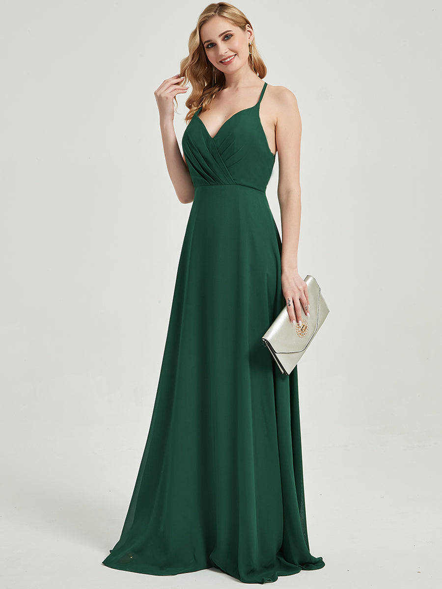 Elegant Dark Navy Pleated Halter V-Neck Backless Maxi Chiffon Bridesmaid Dress - Perfect for Weddings, Formal Events & Evening Parties