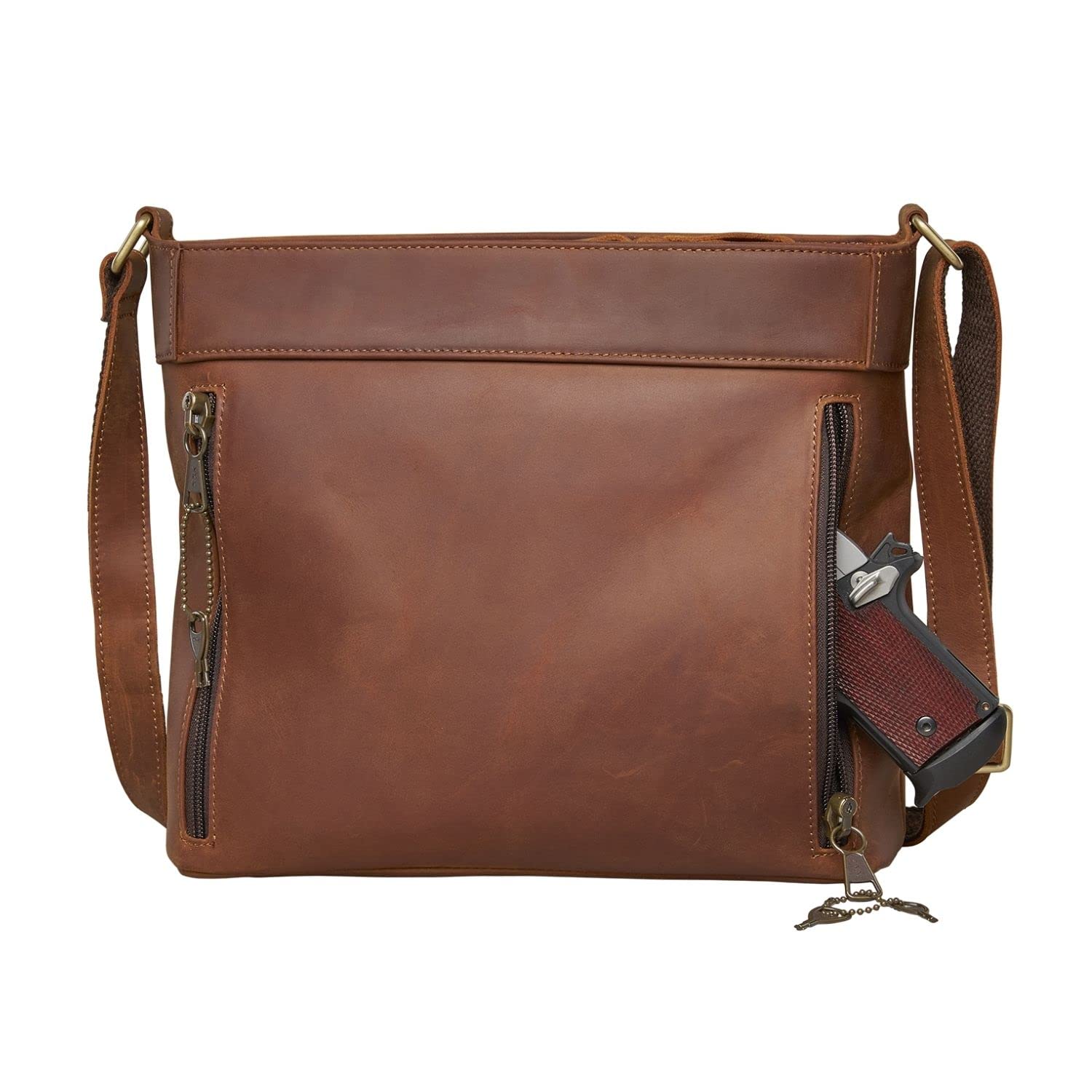 Concealed Carry Unisex Delaney Distressed Leather Crossbody Bag with Locking Zippers & Pistol Holster - Secure & Stylish for Everyday Use, Travel, and Self-Defense