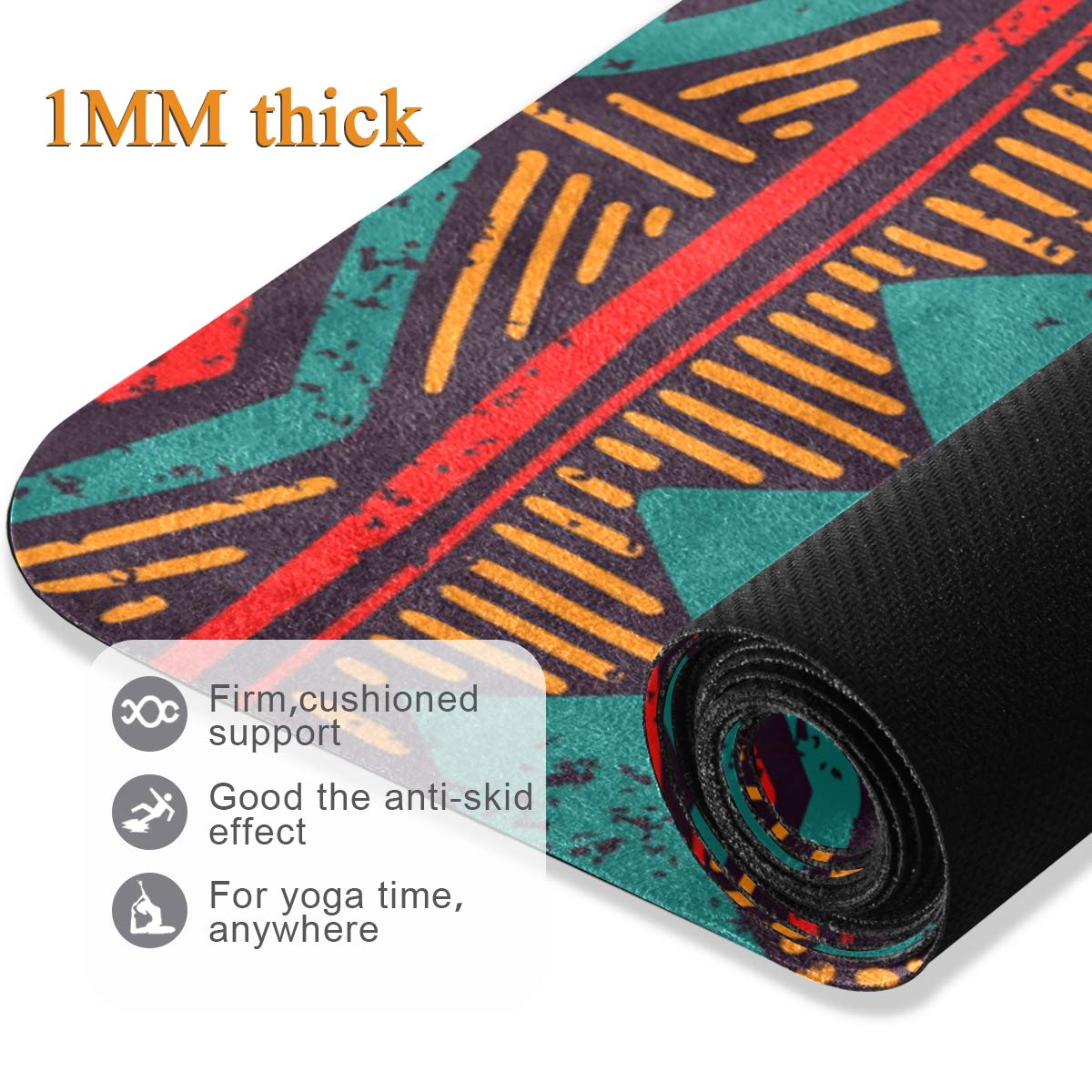 ALAZA Non-Slip Aztec Tribal Yoga Mat - 71x26 Inches Geometric Design Exercise Mat for Men & Women - 1mm Thick Foldable Travel Floor Mat for Yoga, Pilates & Home Workouts