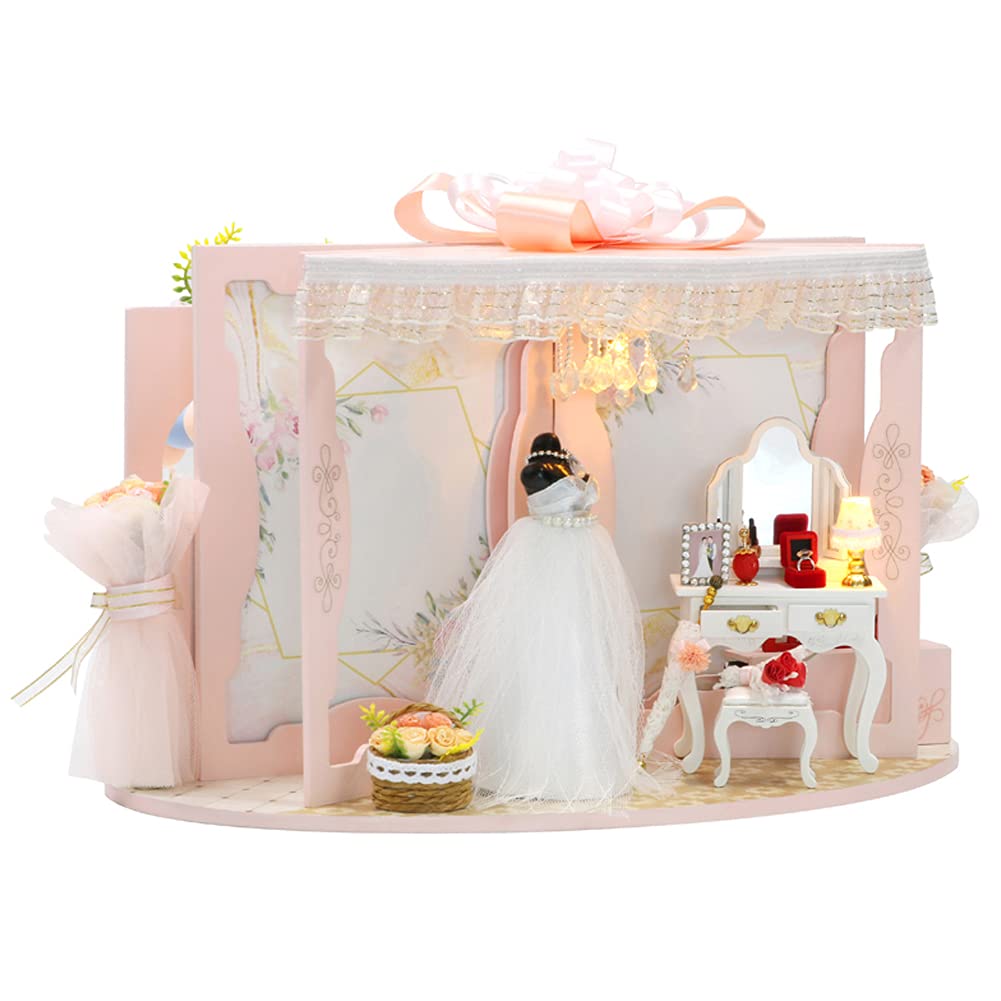 DIY Handcrafted Wedding Dress Dollhouse Kit with LED Lights - Miniature House Assembly Toy for Wedding Ceremony, Home Decoration & Gift for Collectors (Perfect for Bridal Shower, Anniversary & Home Display)