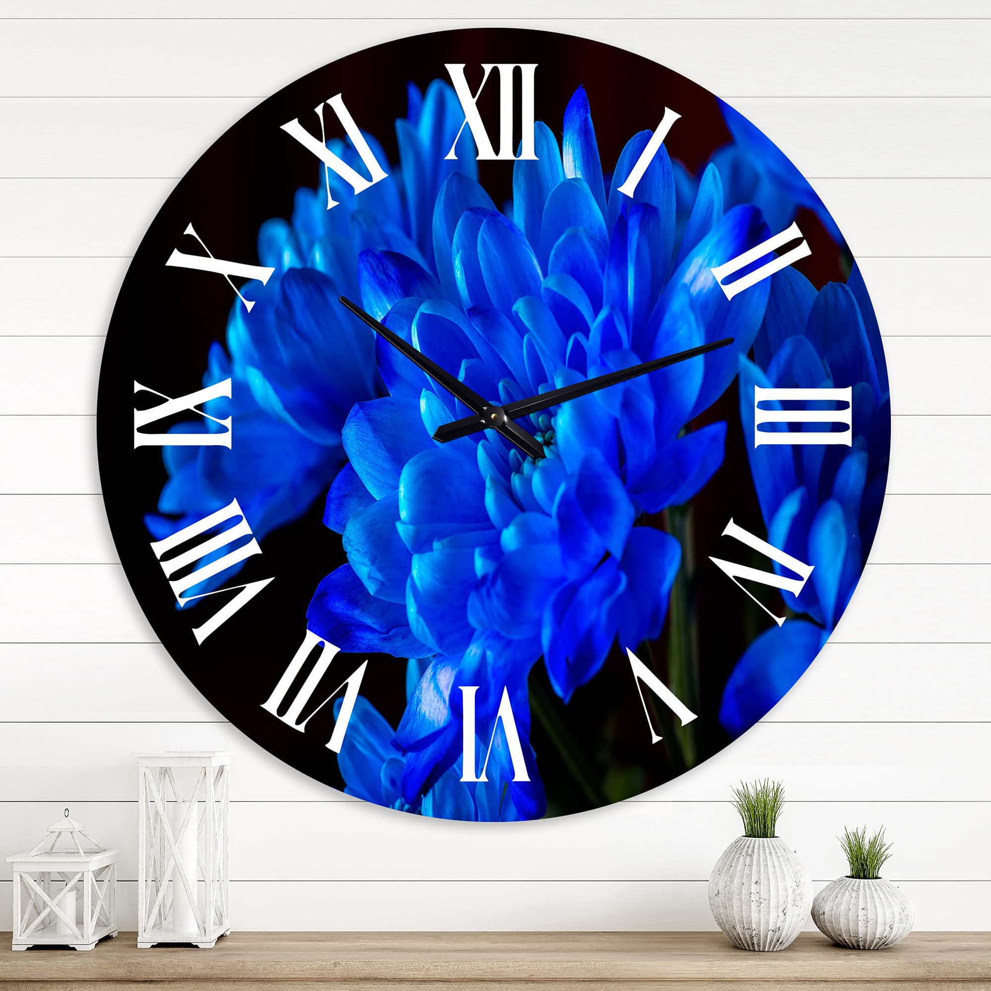 Blue Chrysanthemum Flowers Wall Clock - Large Traditional Black Floral Clock for Home & Office Decor | Perfect for Living Room, Bedroom, Kitchen, and Office Spaces