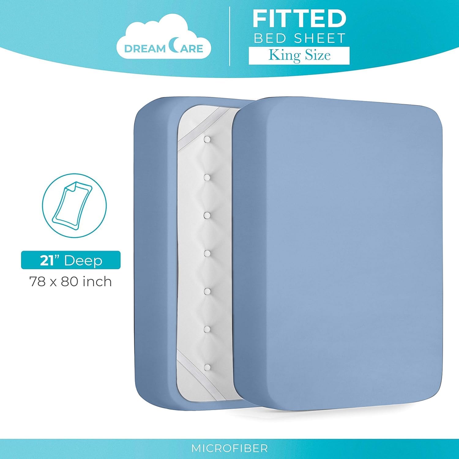 DREAMCARE Twin XL Fitted Sheet - Extra Deep Pocket 21 Inch Mattress Cover - OEKO-TEX Certified Luxury Hotel Quality Bed Sheet - Soft Breathable Fabric (Light Blue) - Perfect for Guest Rooms, Dorms & Deep Mattresses