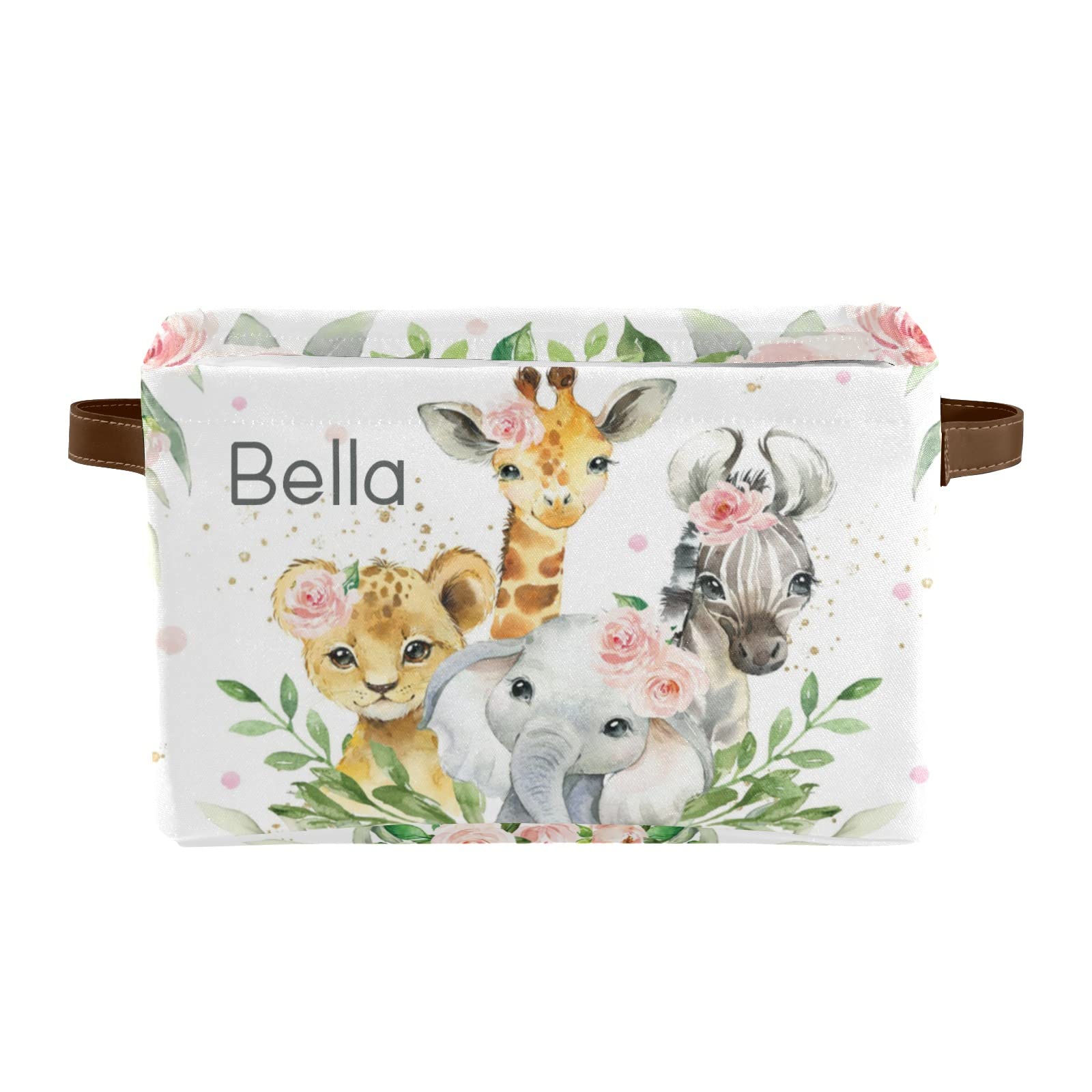 Personalized Elephant & Lion Canvas Storage Basket - Waterproof Nursery Organizer with Custom Name Text - Perfect for Baby Room, Kids' Toys & Home Decor (1 Pack)