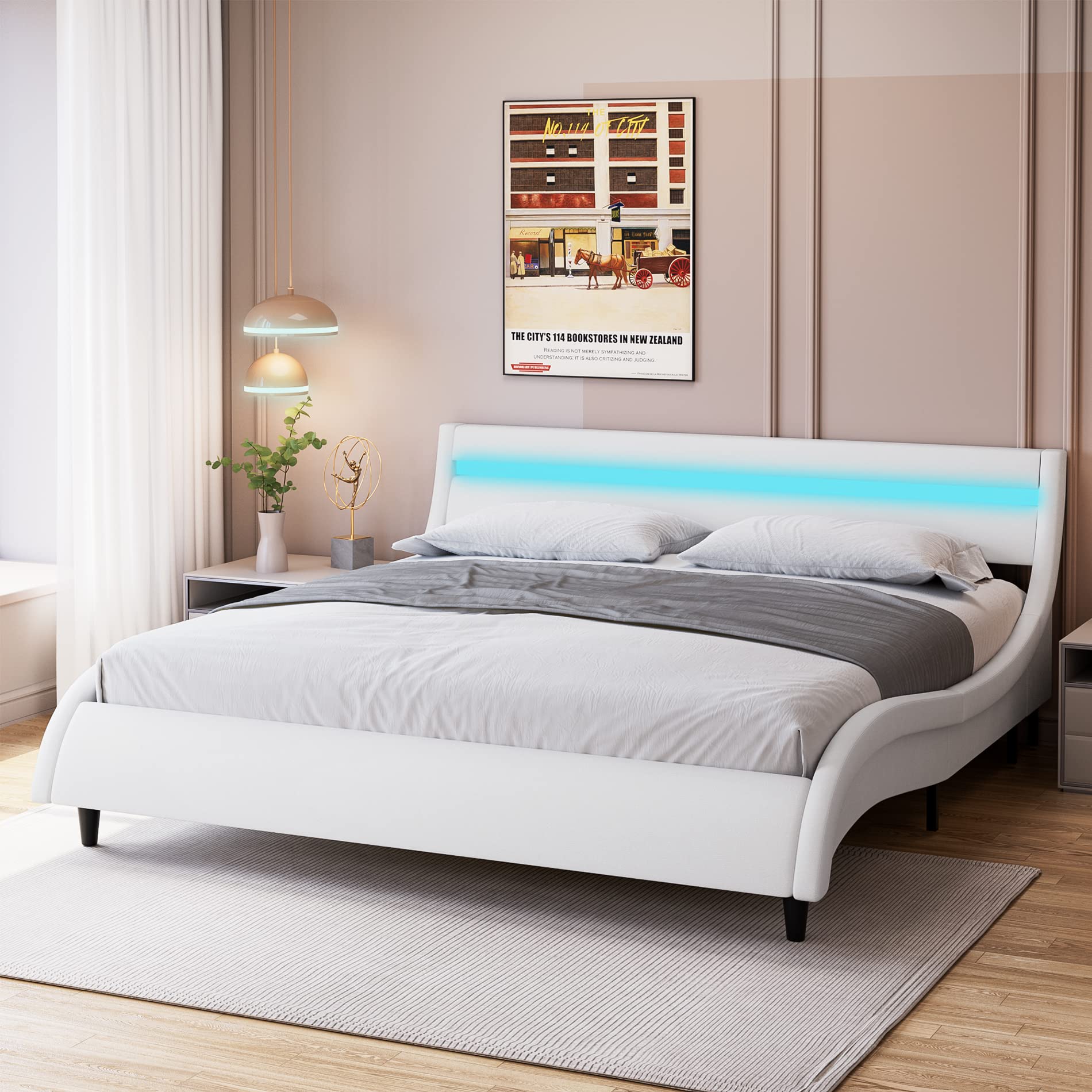 Keyluv Modern Upholstered LED Headboard Platform Bed Frame - Queen Size White Faux Leather Wave Design with Sturdy Wood Slats | Easy Assembly | Perfect for Contemporary Bedrooms & Smart Home Lighting