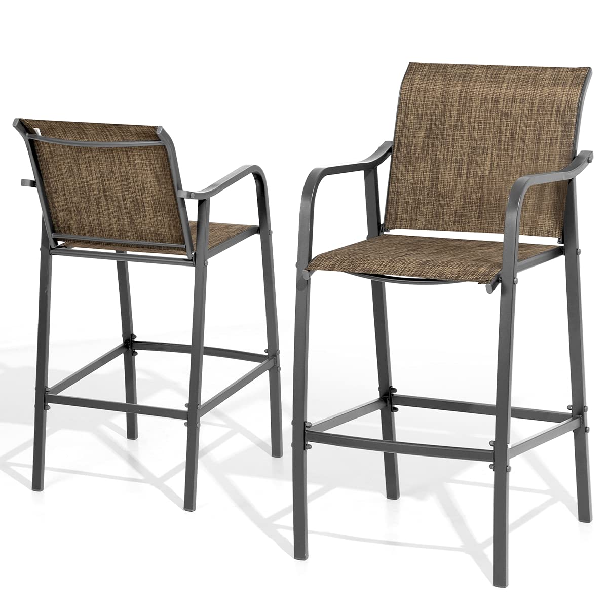 VredHom Set of 2 Outdoor Metal Bar Stools - Counter Height Steel Patio Chairs with Textilene Seat, Armrest & Footrest - Lightweight Brown Bar Stools for Backyard, Deck, Poolside & Outdoor Dining