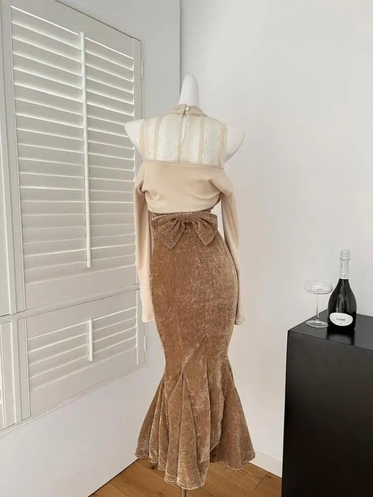 Women's Autumn Winter Fashion Outfit - Beige Patchwork Lace Long Sleeve Off Shoulder Top & Brown High Waist Pleated Skirt 2-Piece Set | Casual Date Night, Office Wear, Holiday Party Outfit