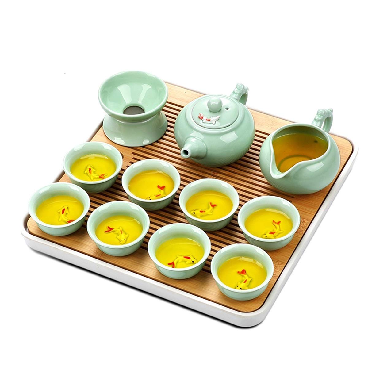 Premium Handmade Gongfu Tea Set with Bamboo Tea Tray & Water Storage | Traditional Chinese Kung Fu Tea Ceremony Set | Perfect for Home Tea Parties, Meditation, and Thoughtful Gifts (Color: J)