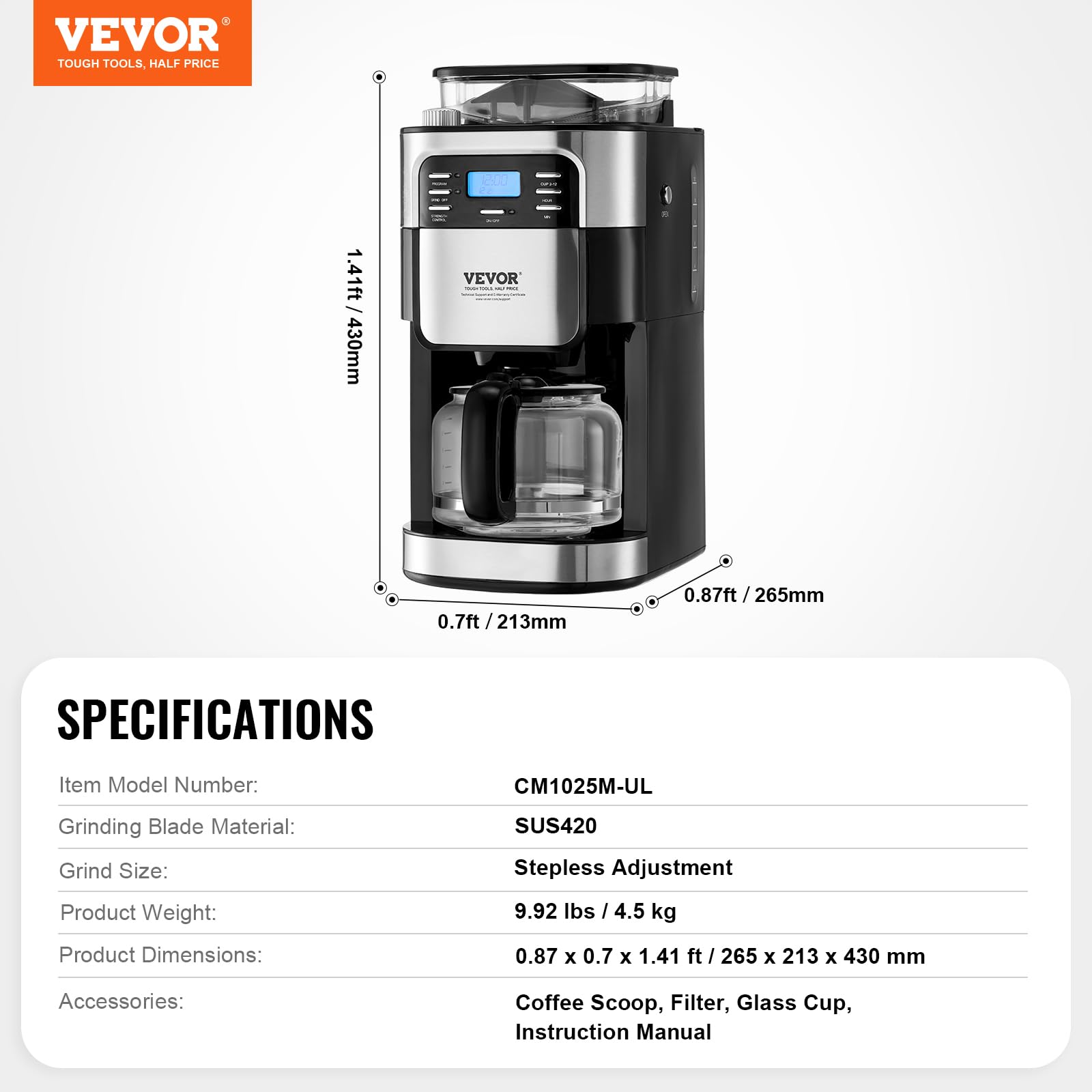VEVOR 12-Cup Coffee Maker with Built-in Grinder, 3-Strength Control & 24-Hour Programmable Timer - Automatic Grind and Brew Coffee Machine for Home, Office, Restaurant Use