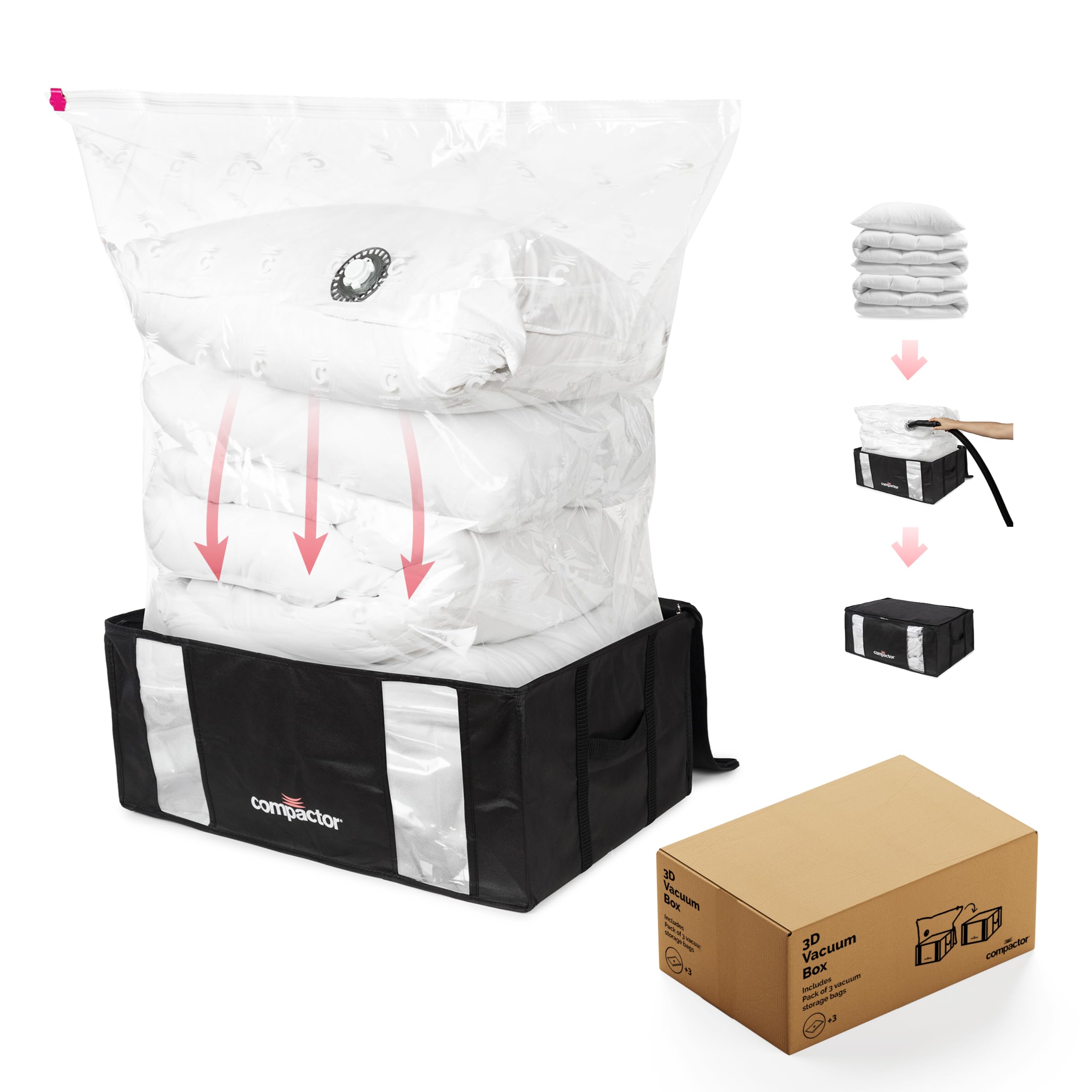 **3D Vacuum Storage Bags XXL - 3 Pack | Space Saver Compactor for Clothes, Blankets & Seasonal Items | Polypropylene + Nylon, Black Semi-Rigid Box | Perfect for Travel, Moving & Home Organization**