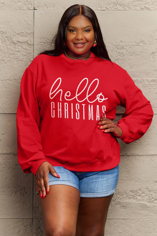 Simply Love Full Size HELLO CHRISTMAS Long Sleeve Sweatshirt - Cozy Holiday Pullover for Women, Festive Christmas Sweater, Xmas Gift Idea for Family & Friends - Perfect for Holiday Parties, Family Gatherings & Winter Outfits