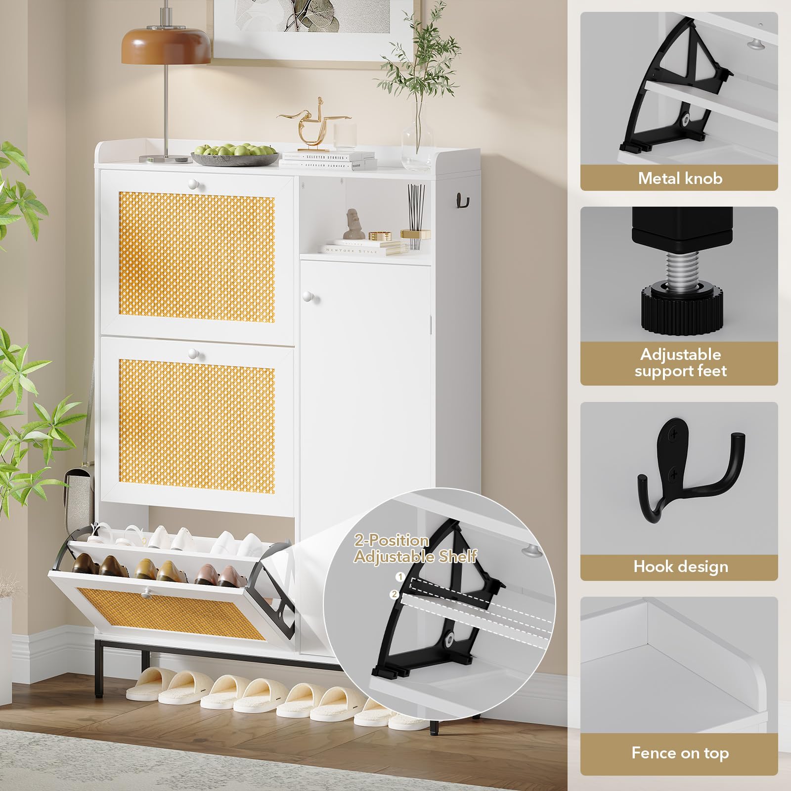 GAOMON 3-Tier Flip Drawer Shoe Storage Cabinet - Freestanding Rattan Organizer with Adjustable Shelves & Metal Knob for Entryway, Hallway, Bedroom - Narrow Shoe Rack for Small Spaces (White, Easy Assembly) - Perfect for Organizing Shoes, Hats & Accessories in Compact Areas
