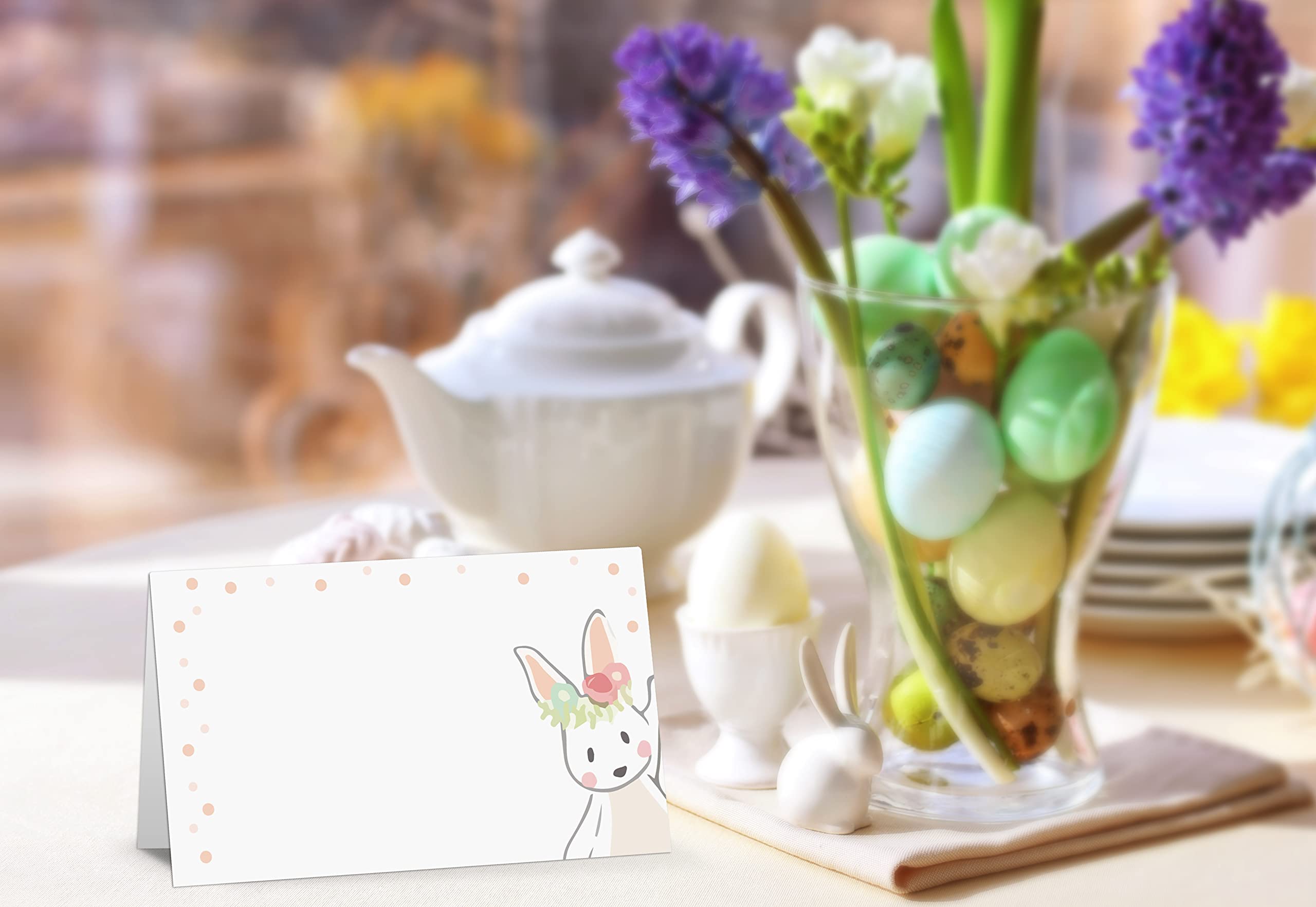 Easter Tent Style Place Cards - Pack of 25 Half-Fold Table Name Cards with Cute Bunny & Egg Design - Perfect for Spring Weddings, Baby Showers, Dinner Parties & Easter Table Decorations (F09)